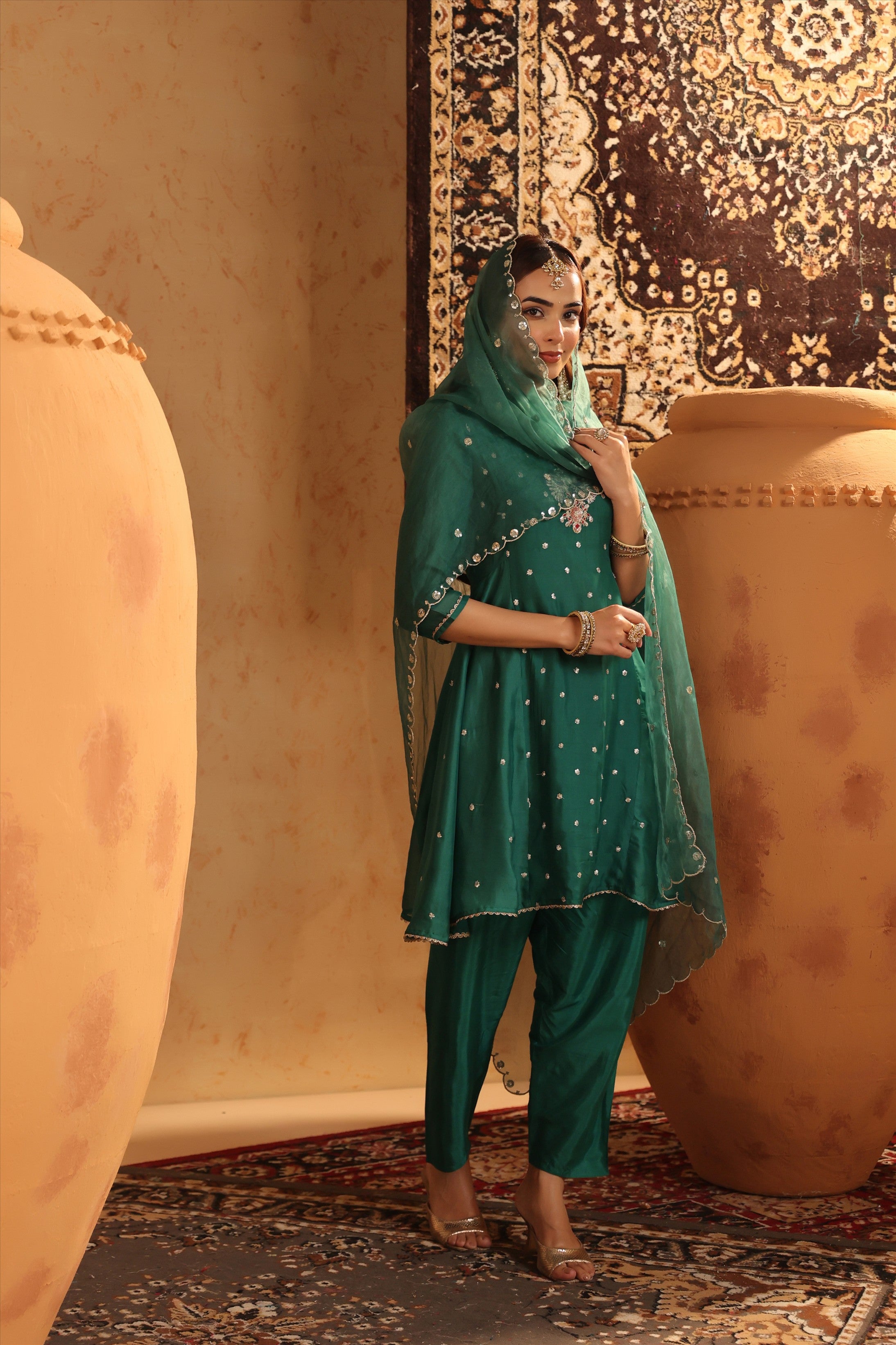 Green Organza Silk Hand Embroidered Anarkali Suit Set