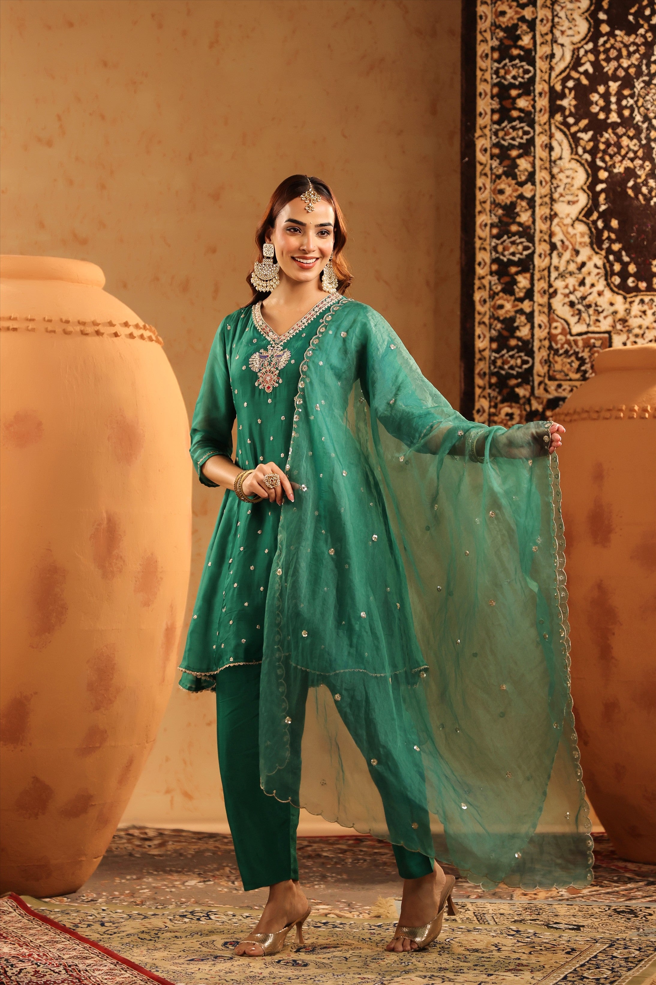 Green Organza Silk Hand Embroidered Anarkali Suit Set