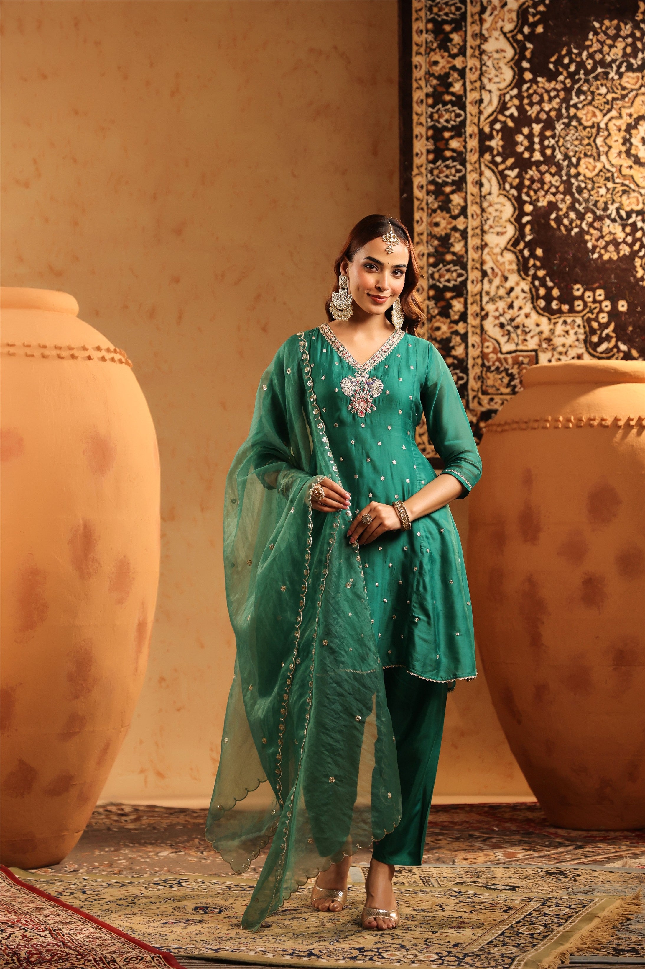 Green Organza Silk Hand Embroidered Anarkali Suit Set