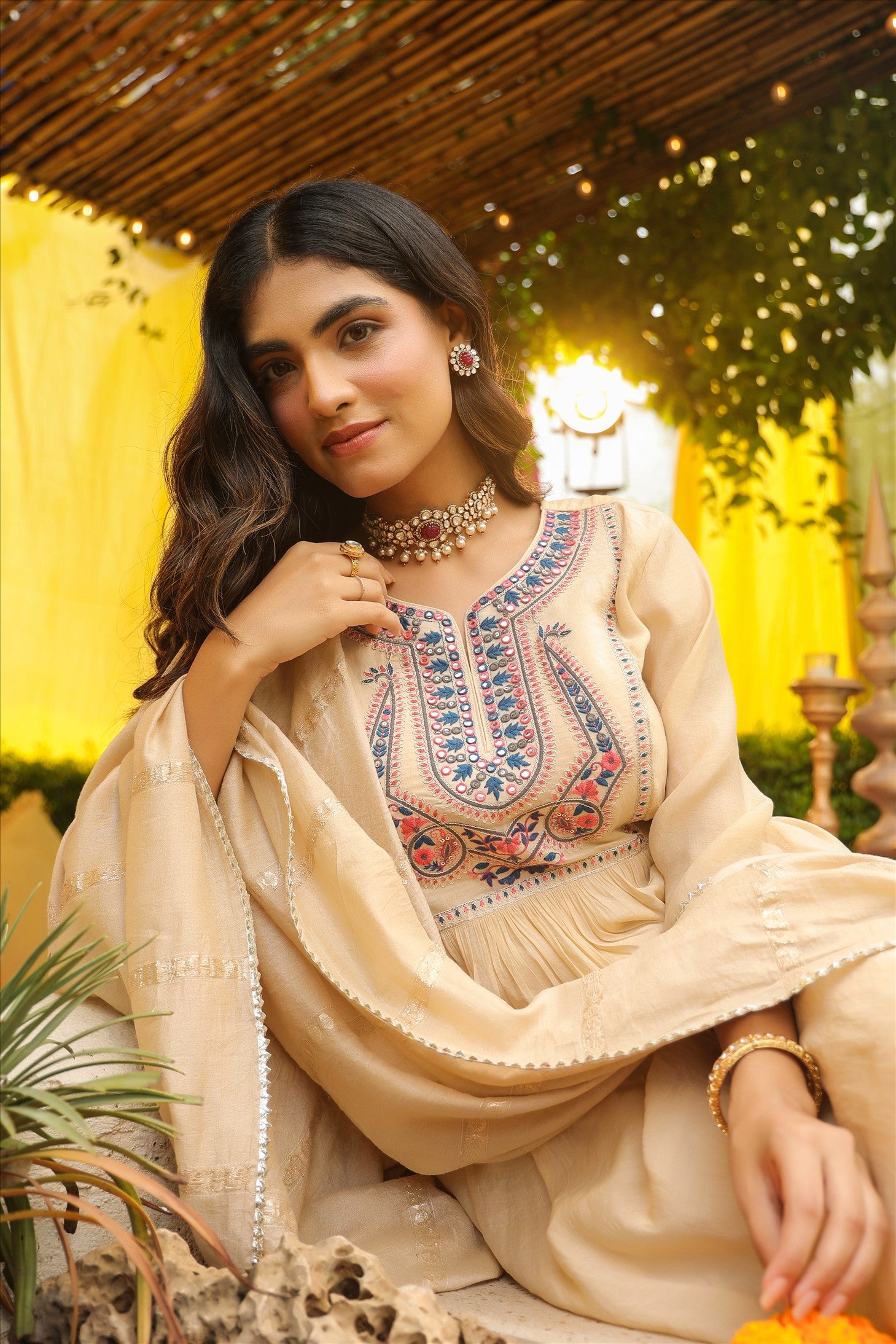 Beige Mul Chanderi Embroidered Anarkali Suit Set