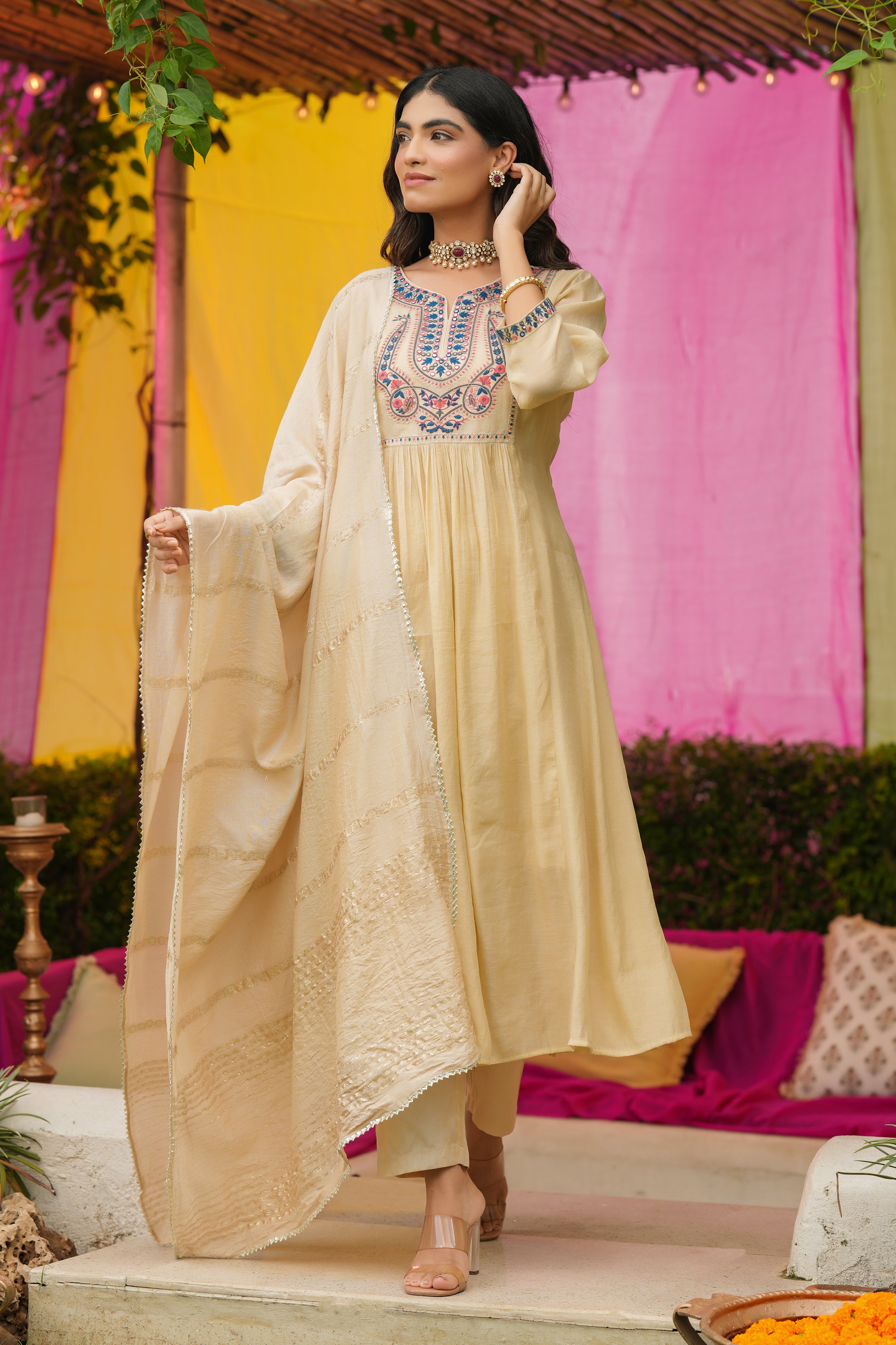 Beige Mul Chanderi Embroidered Anarkali Suit Set