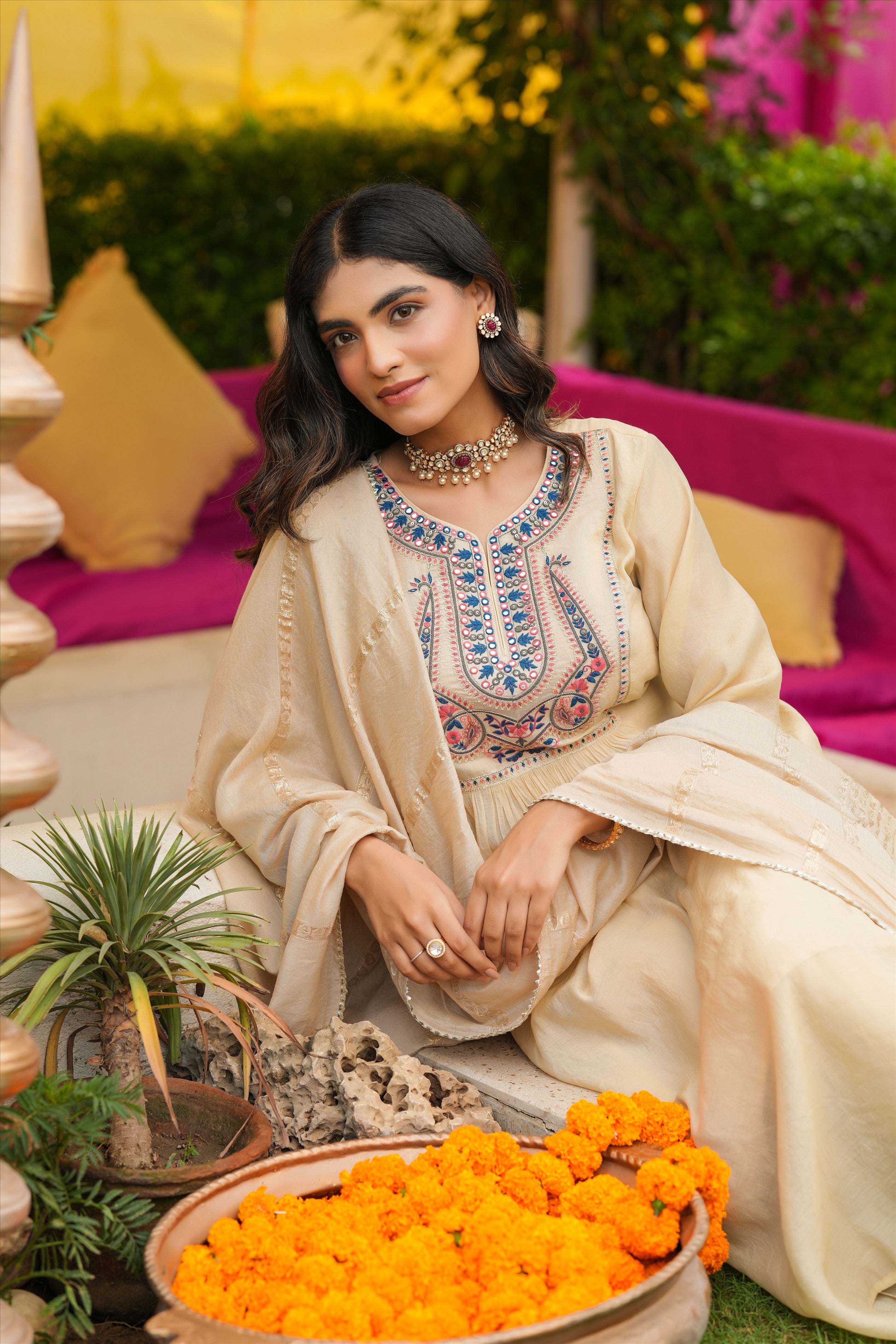 Beige Mul Chanderi Embroidered Anarkali Suit Set