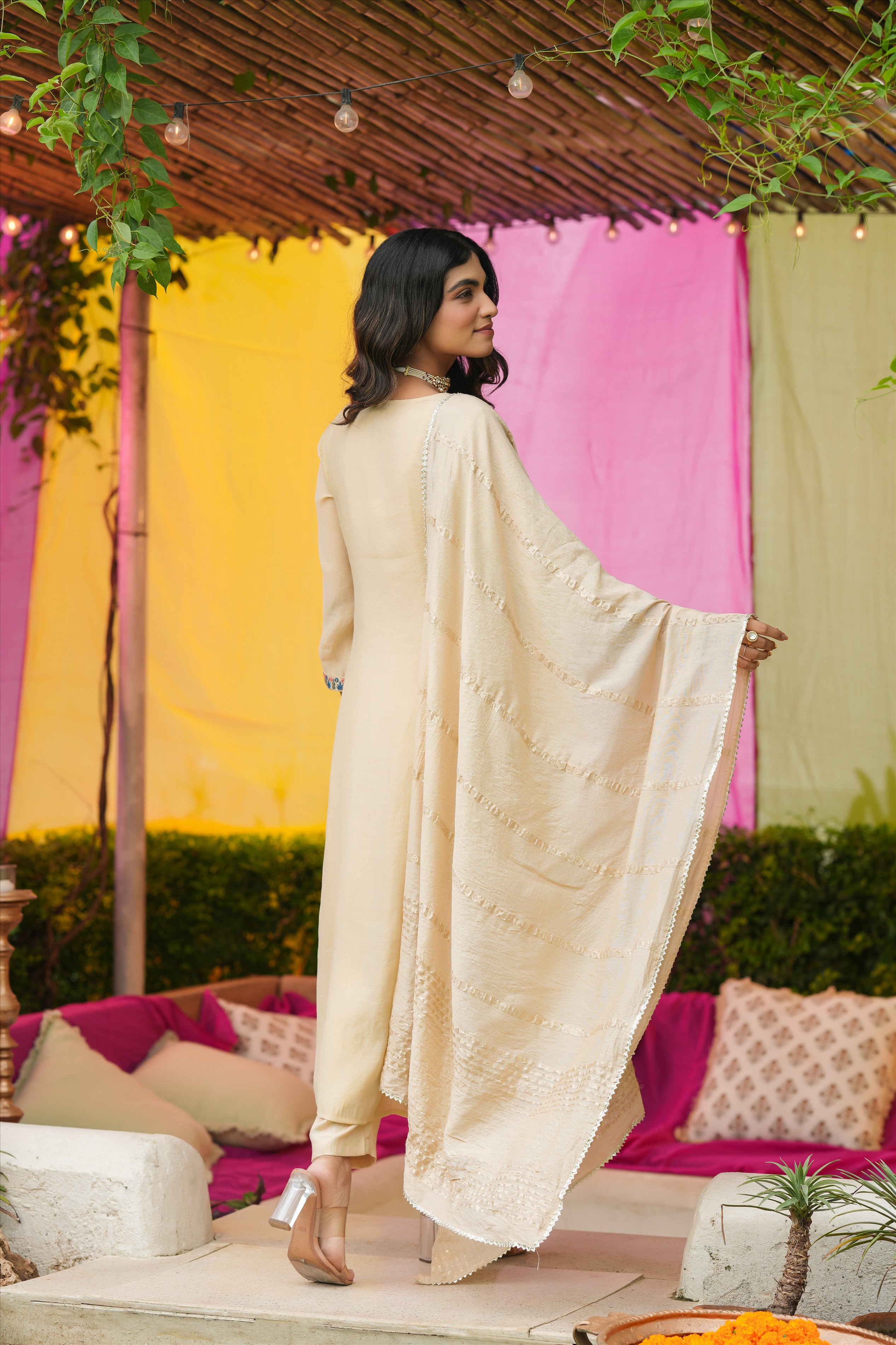 Beige Mul Chanderi Embroidered Anarkali Suit Set