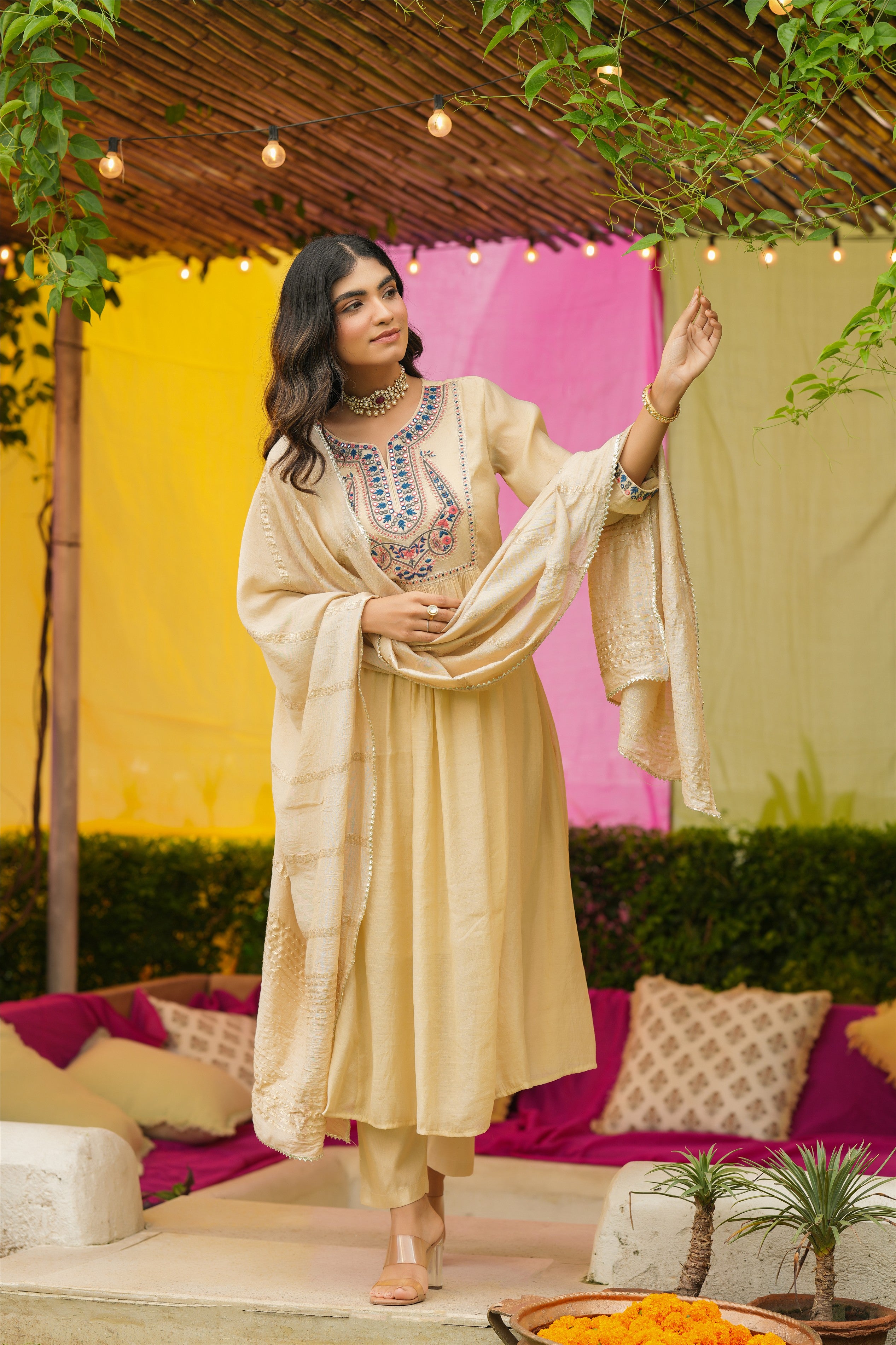 Beige Mul Chanderi Embroidered Anarkali Suit Set