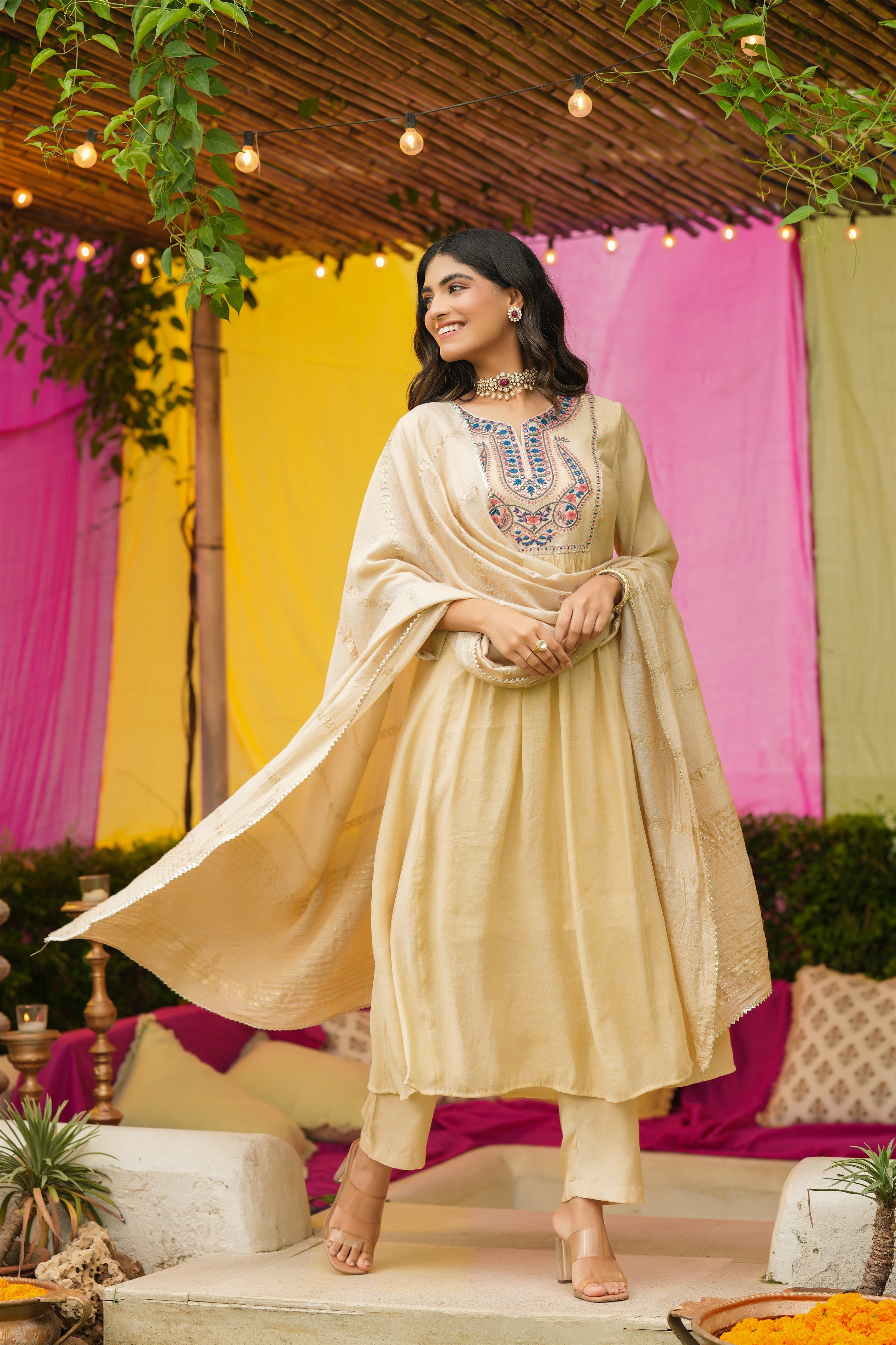 Beige Mul Chanderi Embroidered Anarkali Suit Set