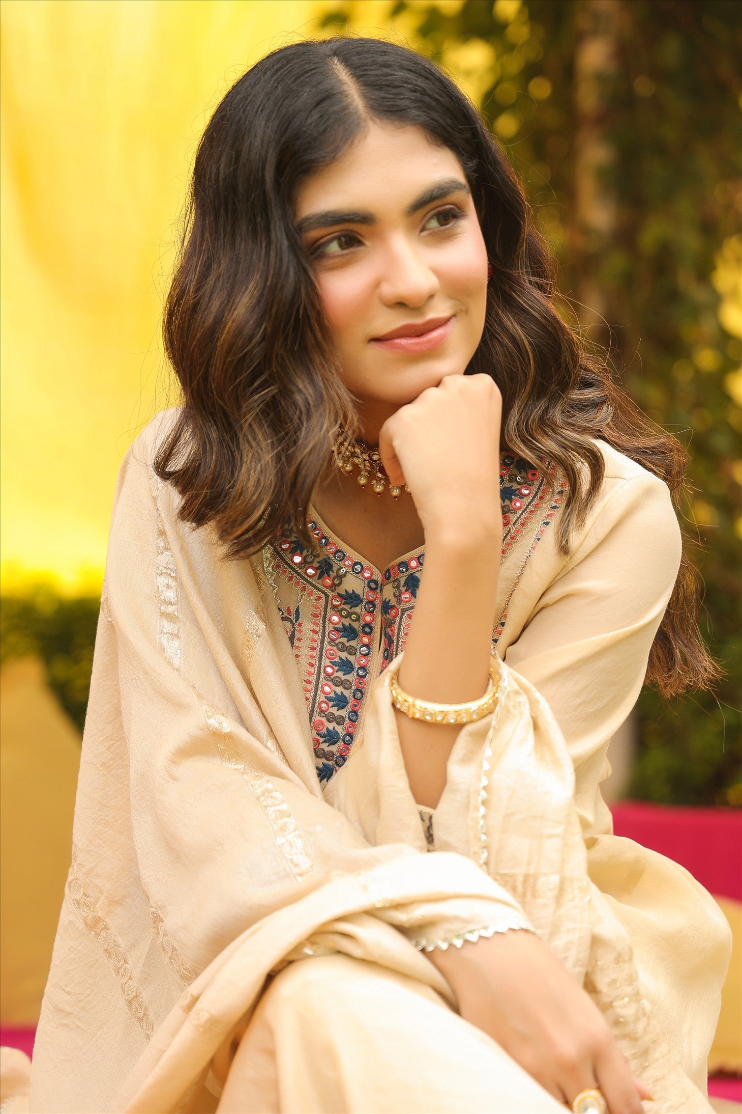 Beige Mul Chanderi Embroidered Anarkali Suit Set