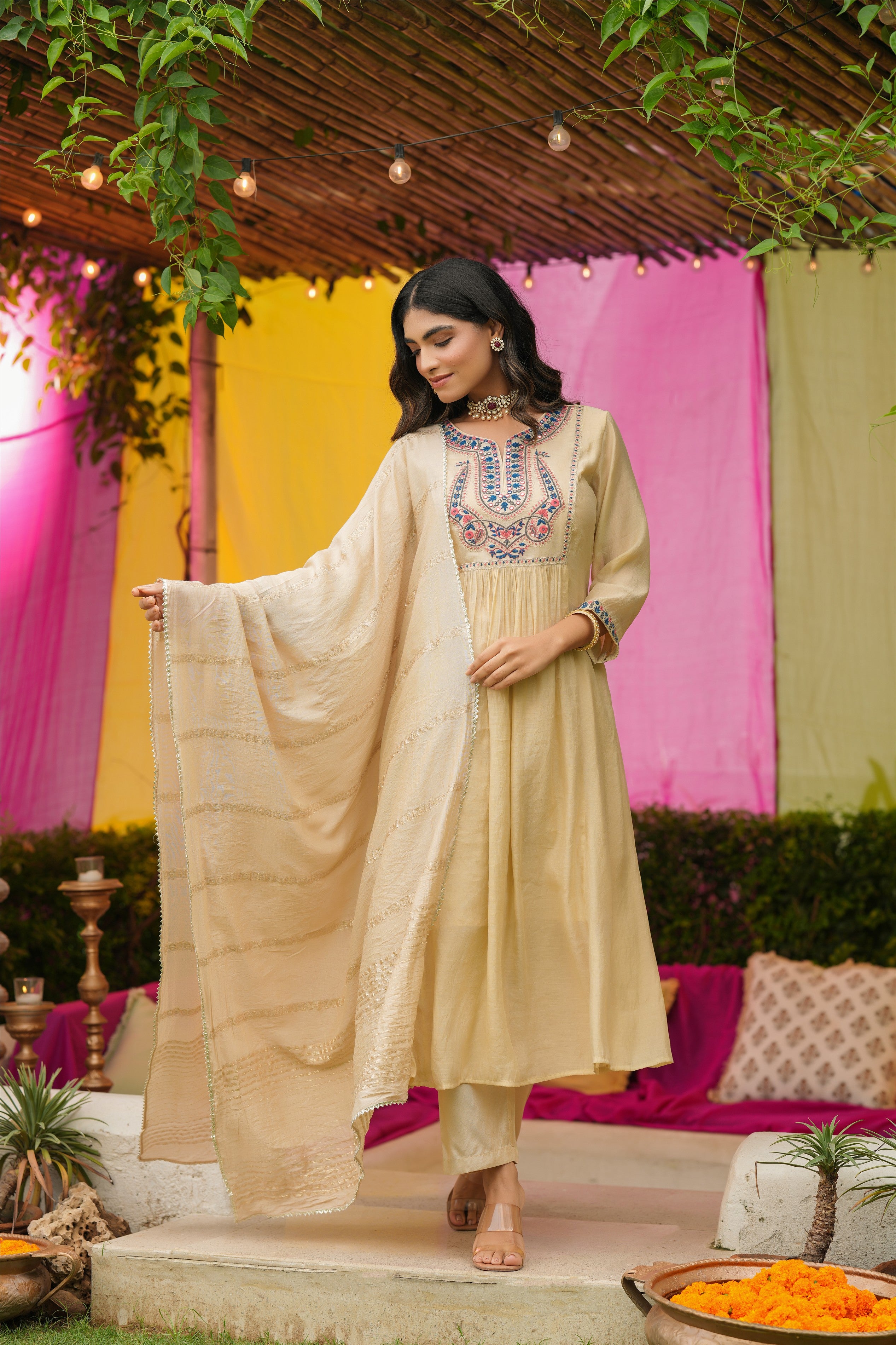 Beige Mul Chanderi Embroidered Anarkali Suit Set