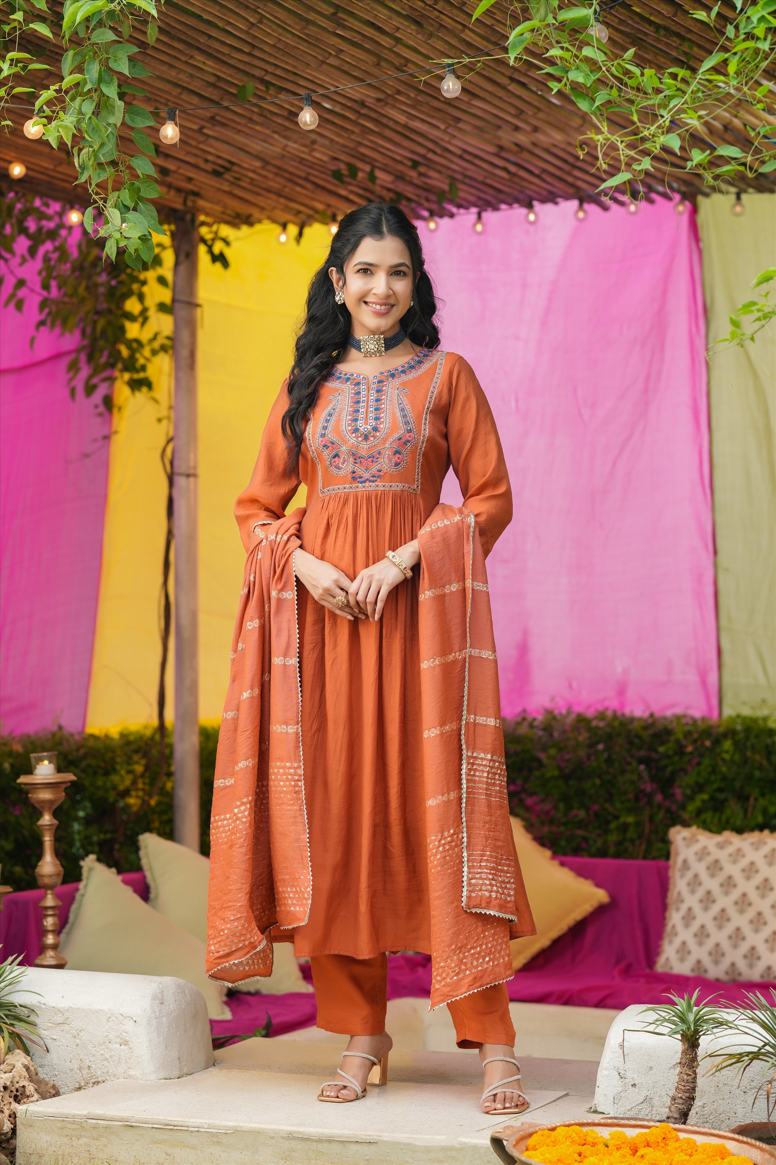 Rust Orange Mul Chanderi Embroidered Anarkali Suit Set