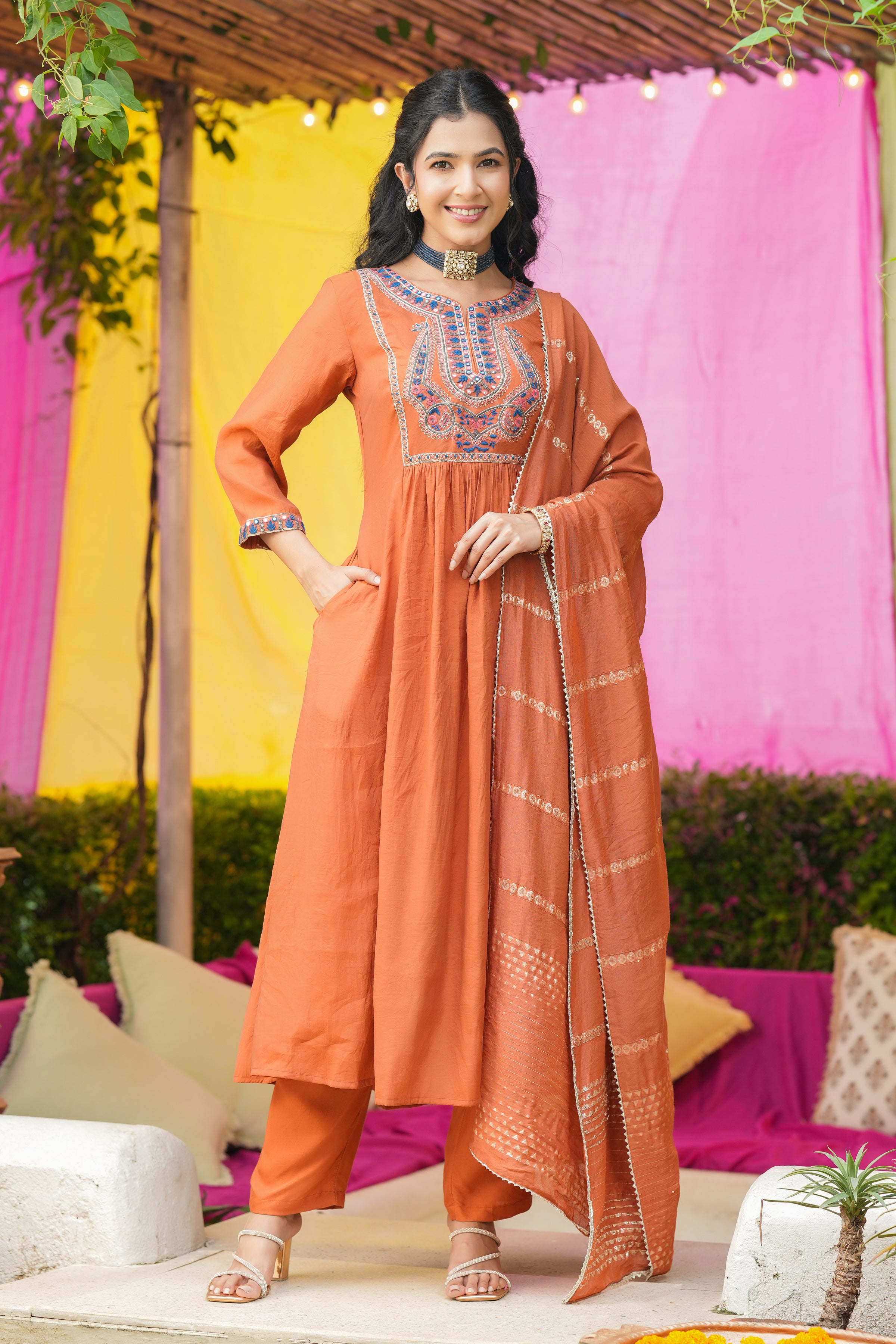 Rust Orange Mul Chanderi Embroidered Anarkali Suit Set
