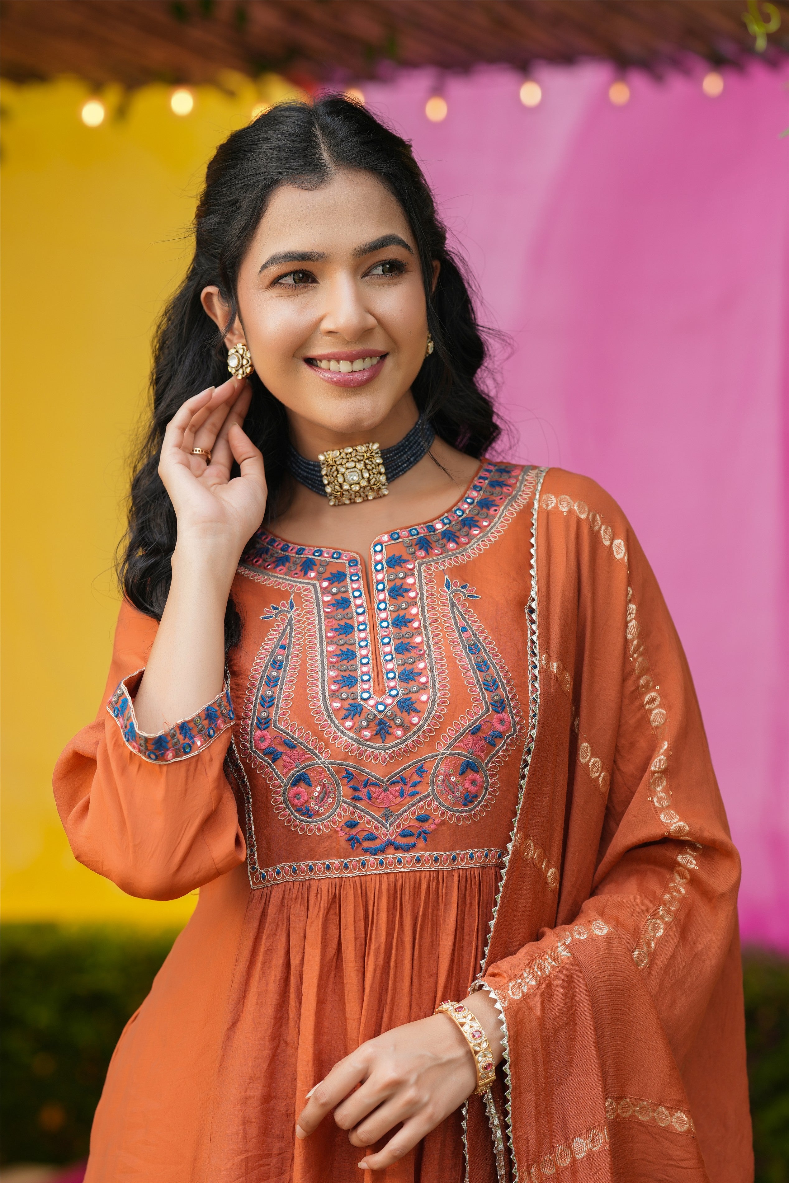 Rust Orange Mul Chanderi Embroidered Anarkali Suit Set