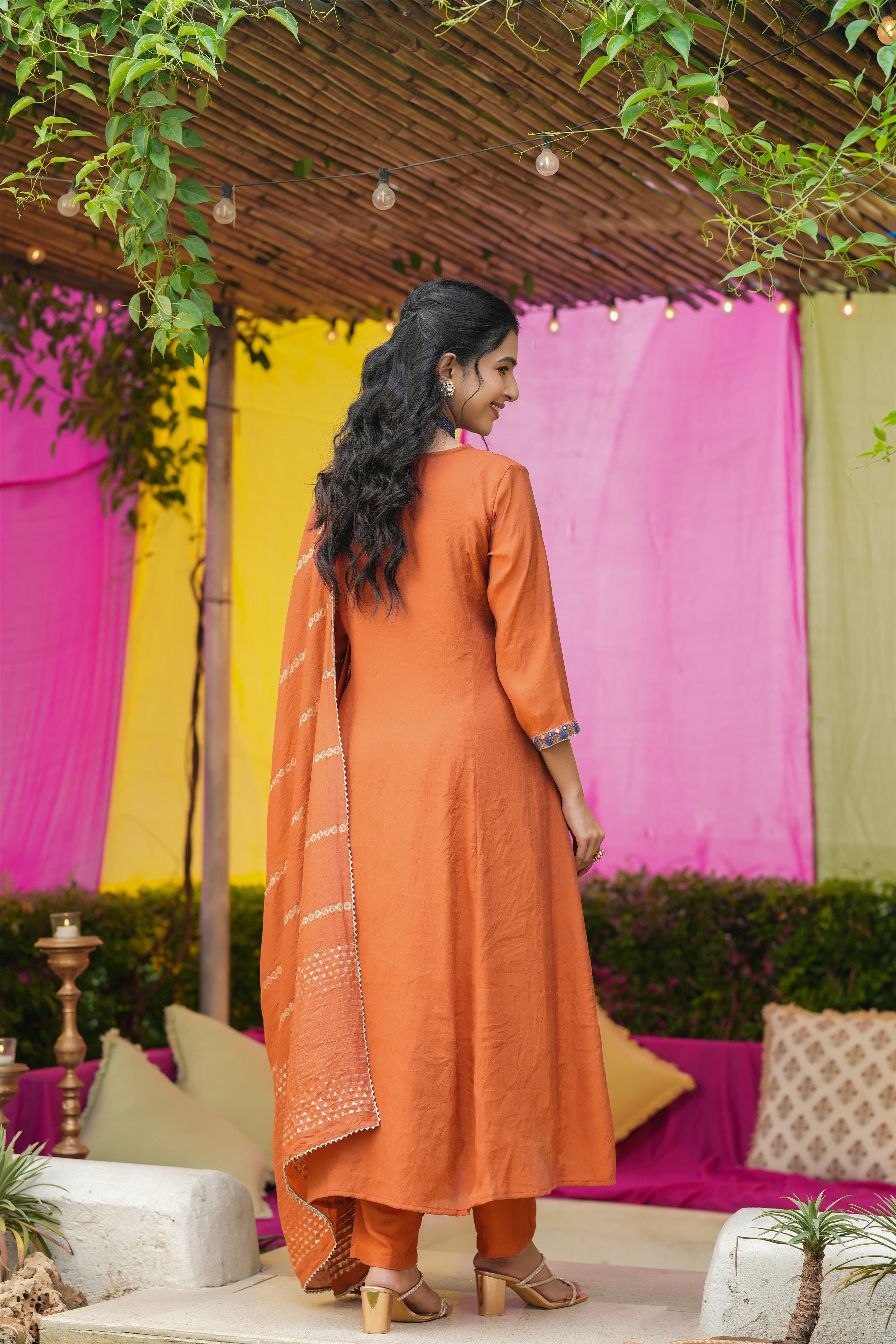 Rust Orange Mul Chanderi Embroidered Anarkali Suit Set