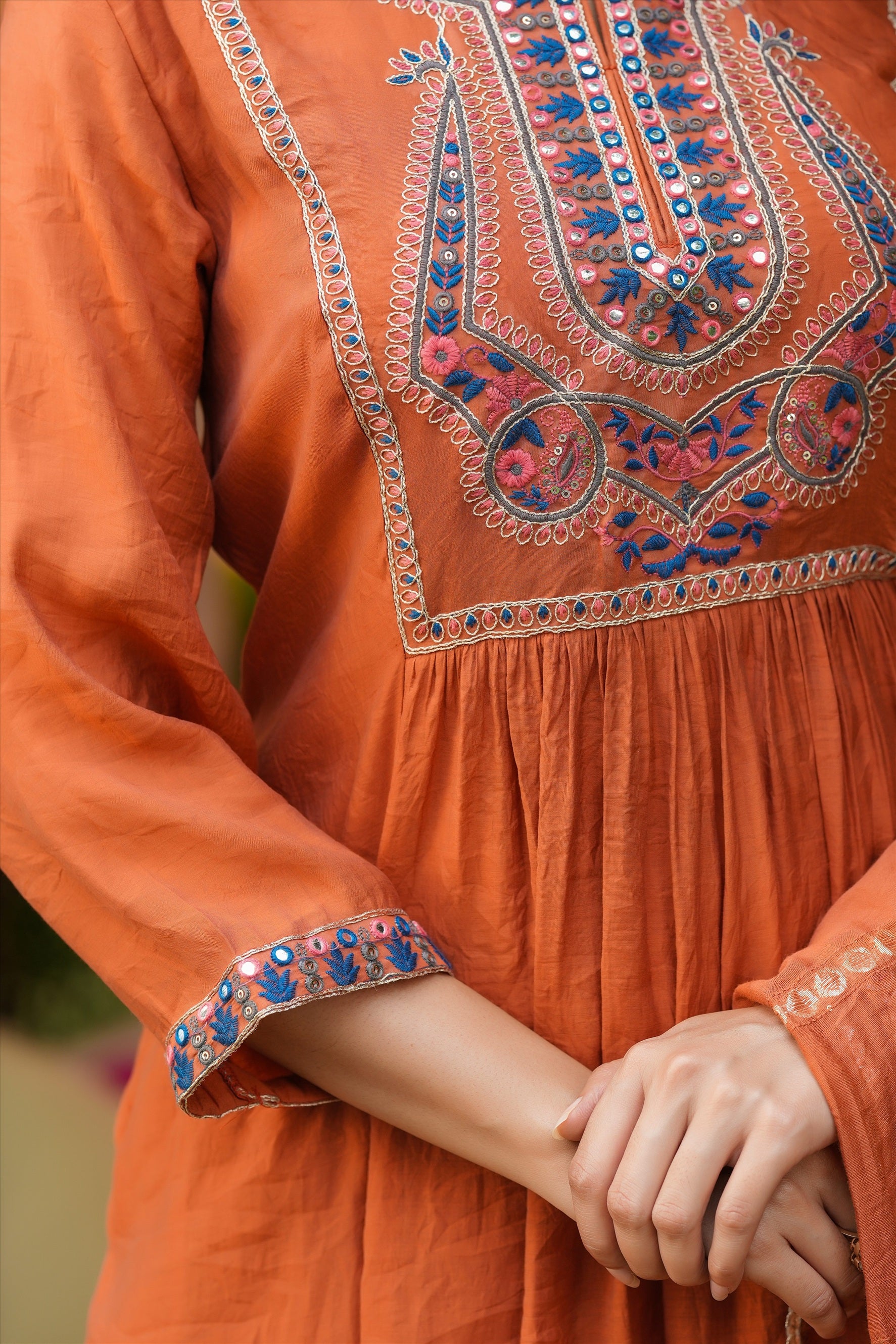 Rust Orange Mul Chanderi Embroidered Anarkali Suit Set