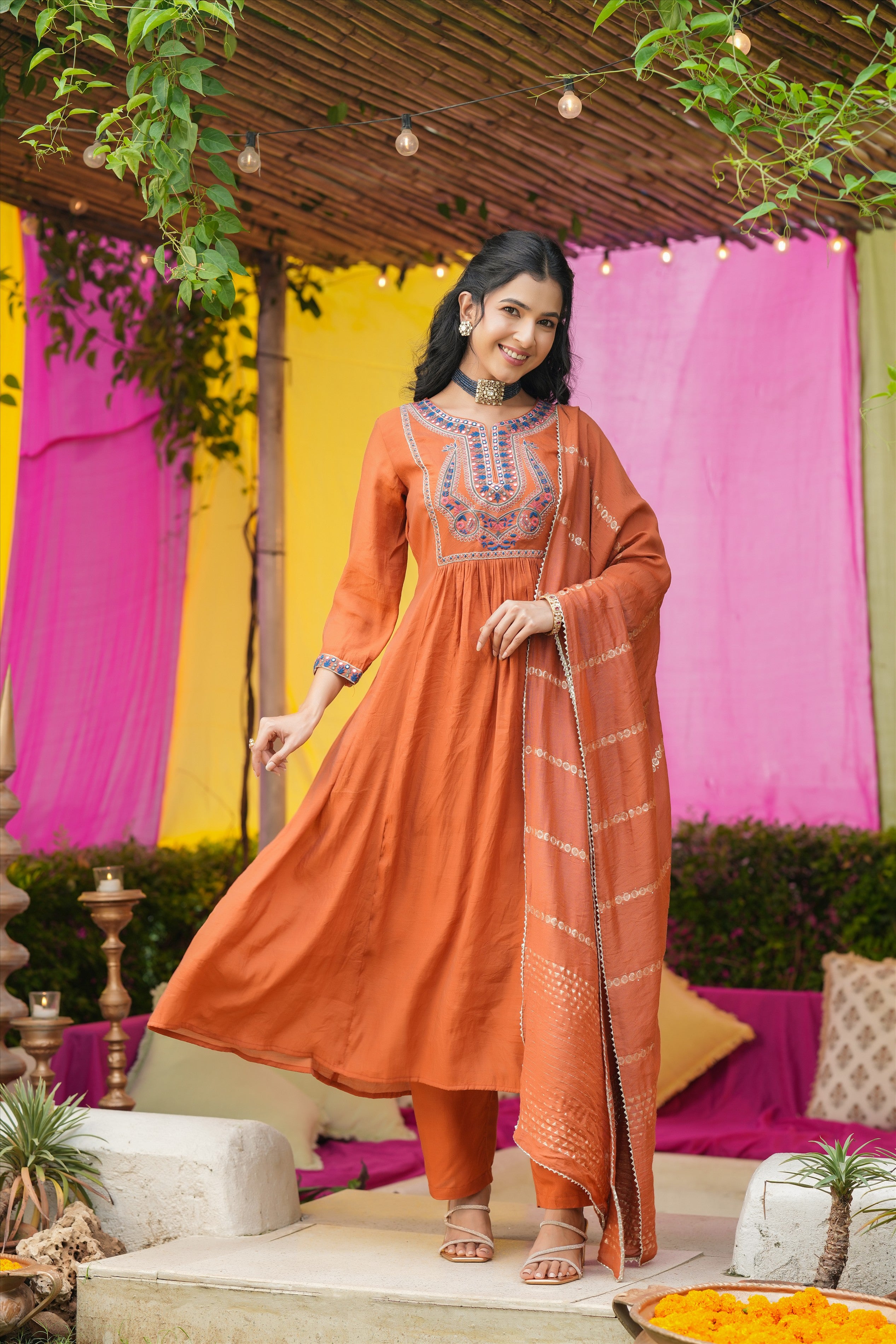 Rust Orange Mul Chanderi Embroidered Anarkali Suit Set