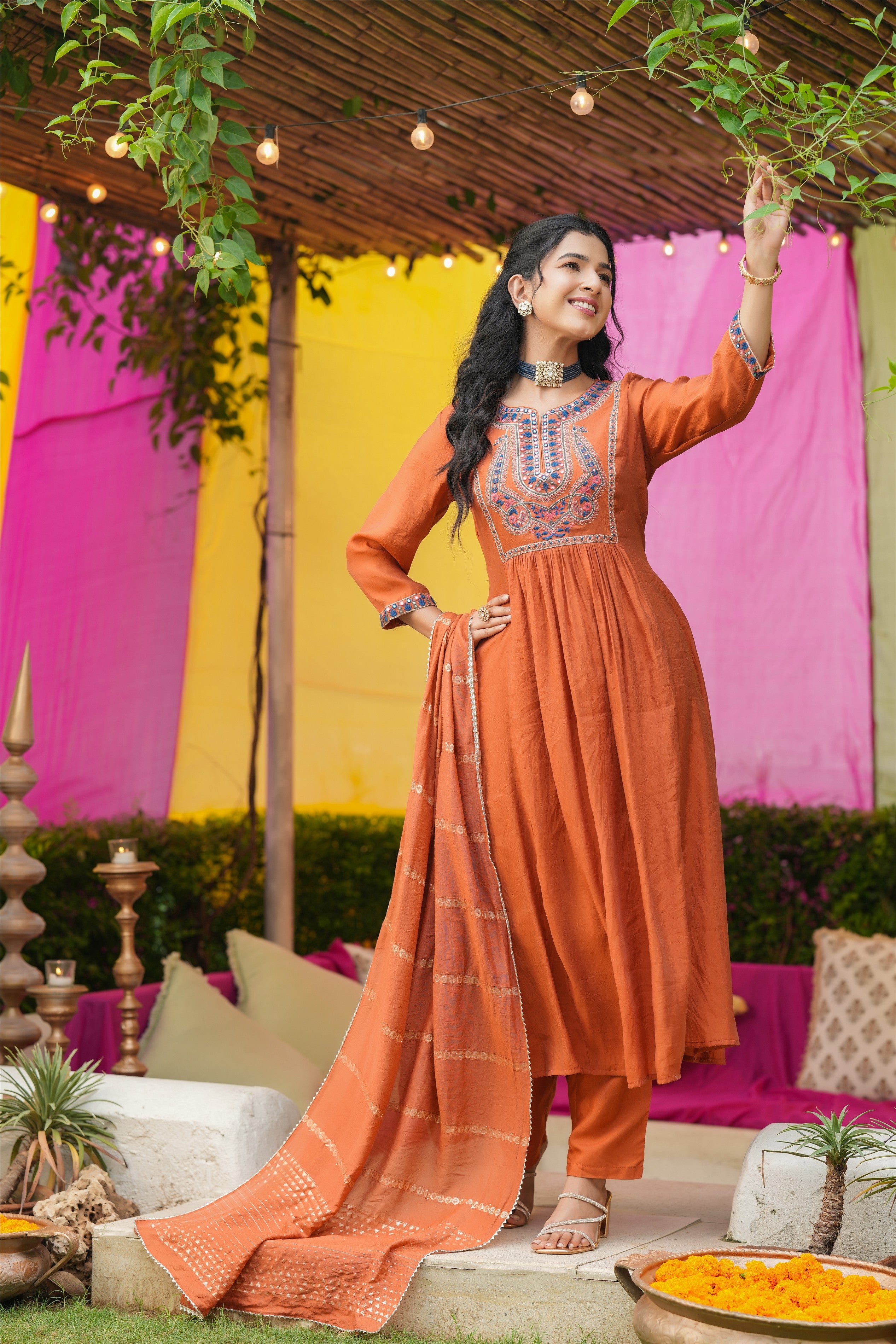 Rust Orange Mul Chanderi Embroidered Anarkali Suit Set