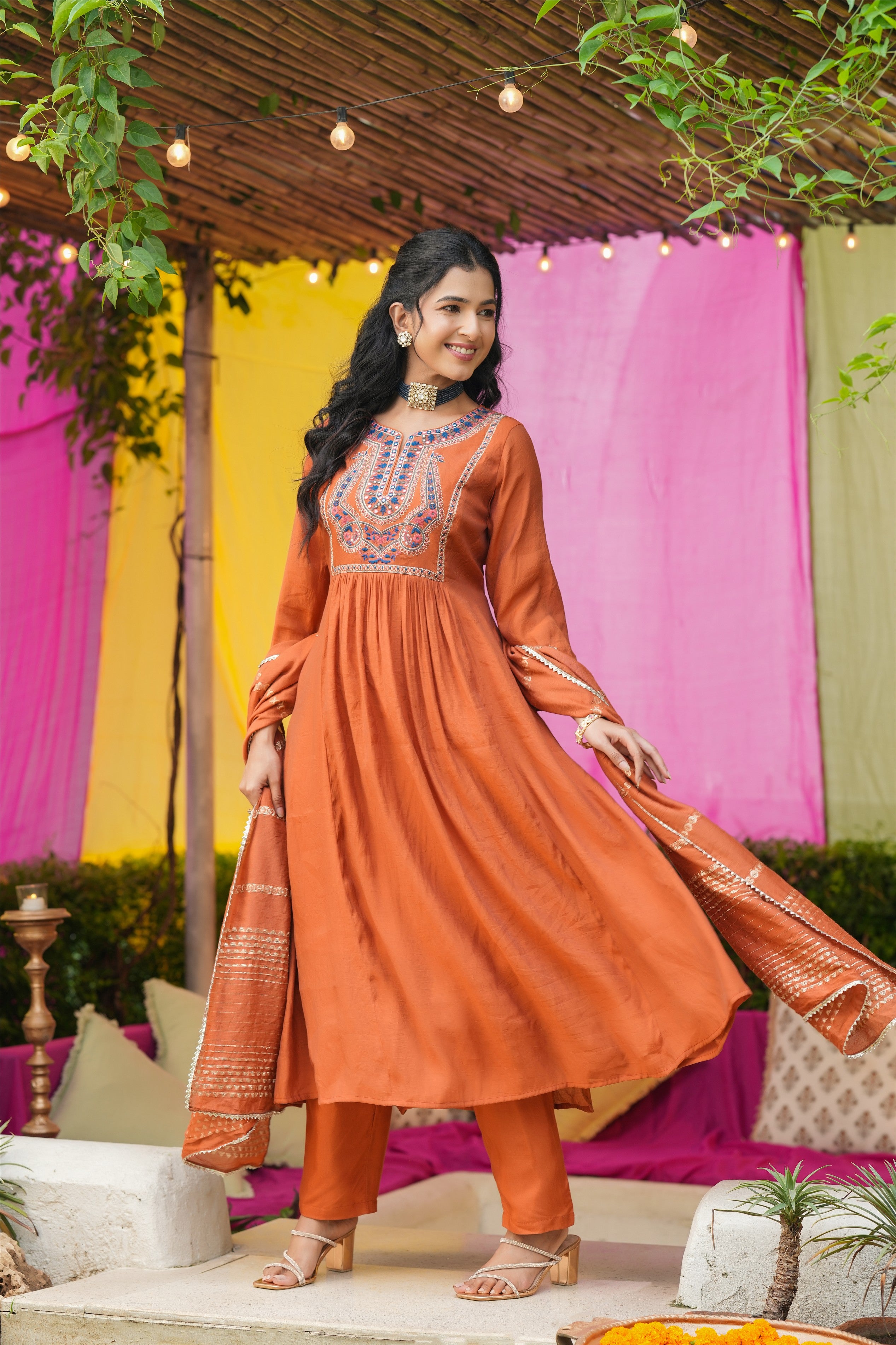 Rust Orange Mul Chanderi Embroidered Anarkali Suit Set