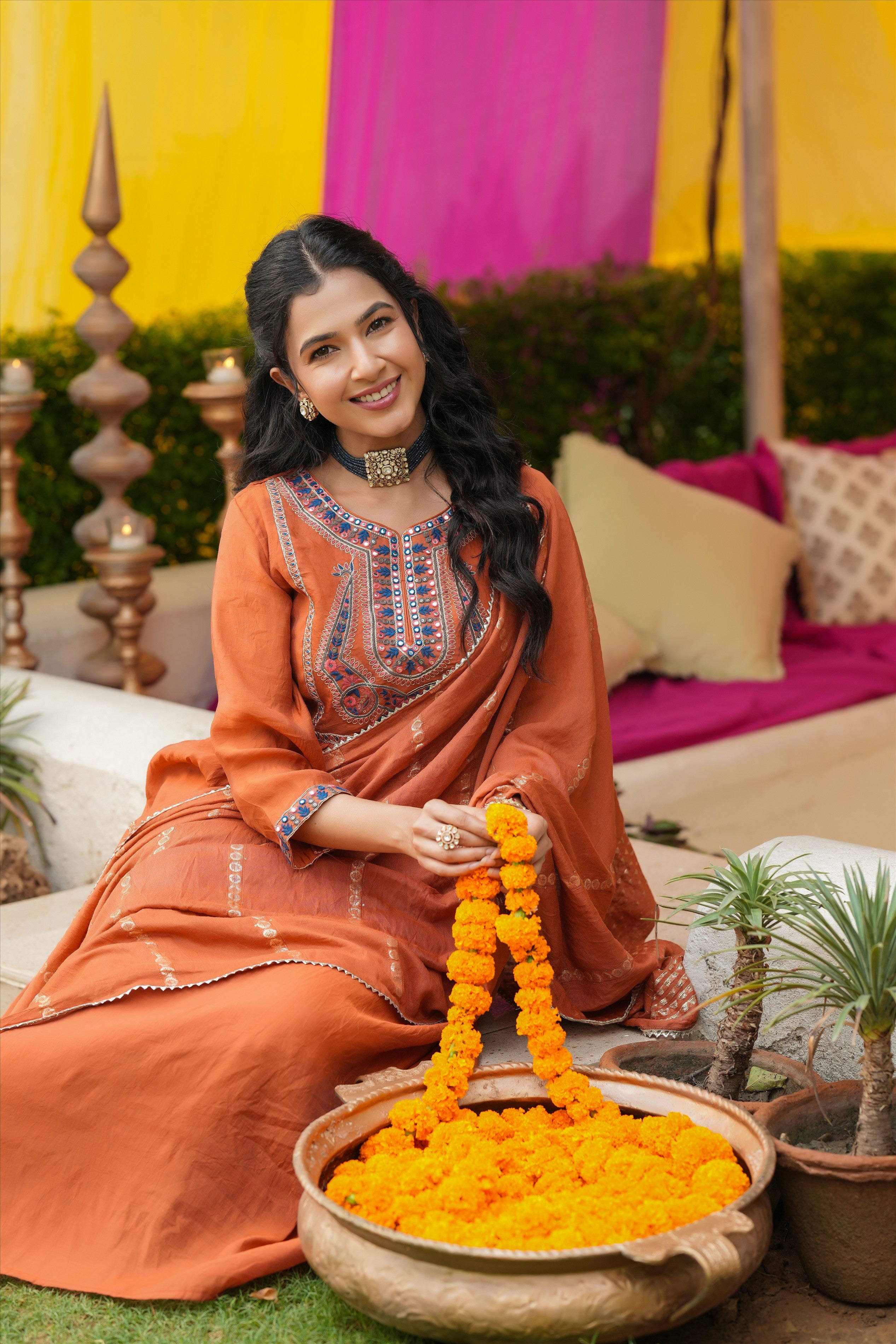 Rust Orange Mul Chanderi Embroidered Anarkali Suit Set