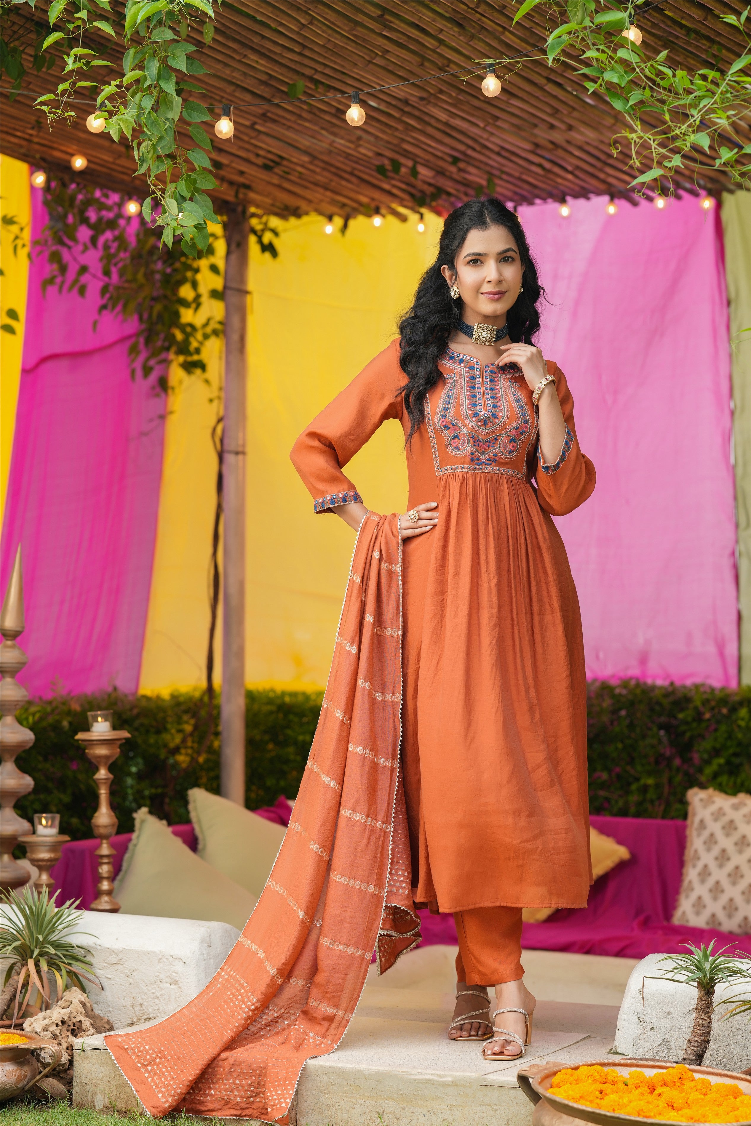Rust Orange Mul Chanderi Embroidered Anarkali Suit Set