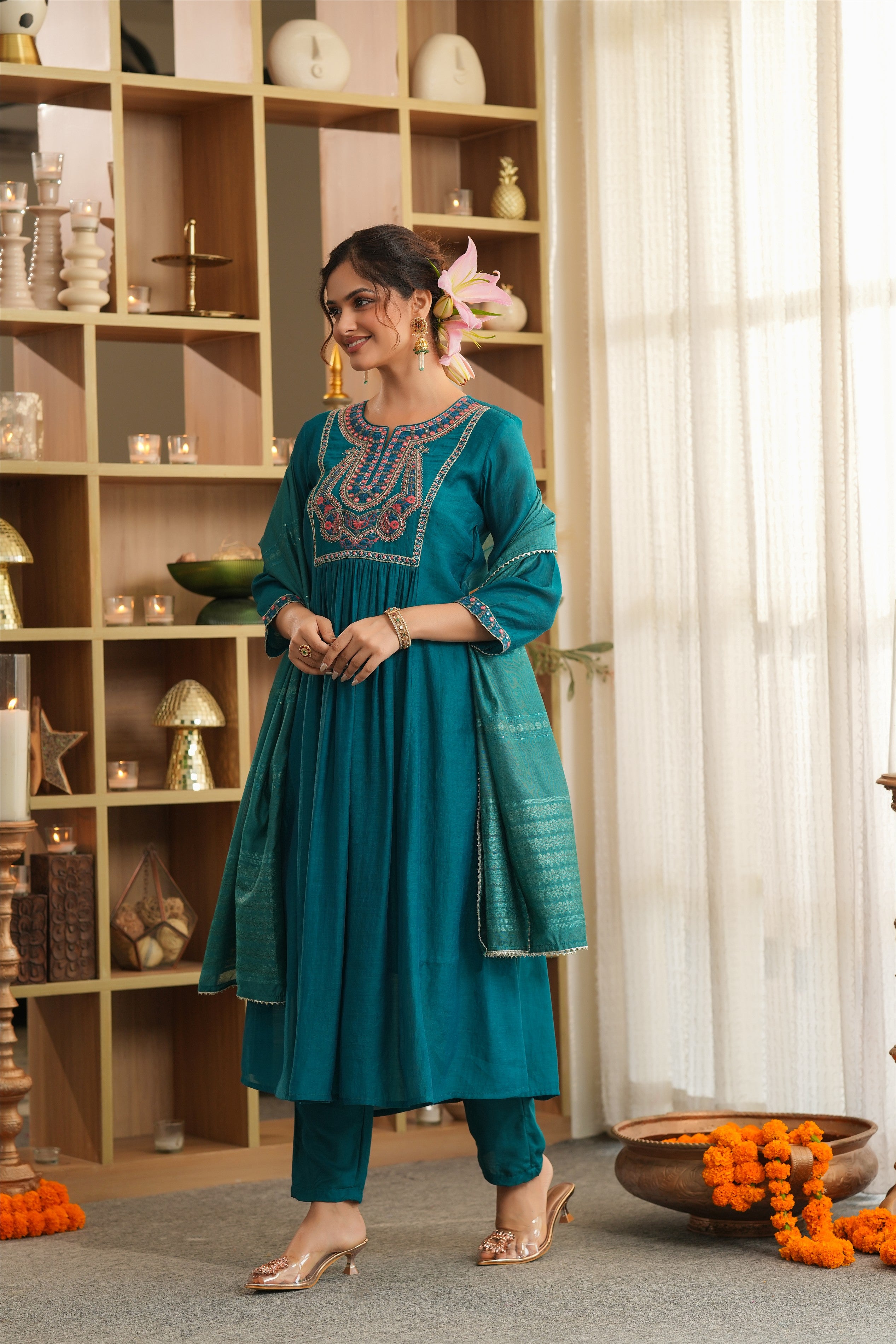 Teal Mul Chanderi Embroidered Anarkali Suit Set