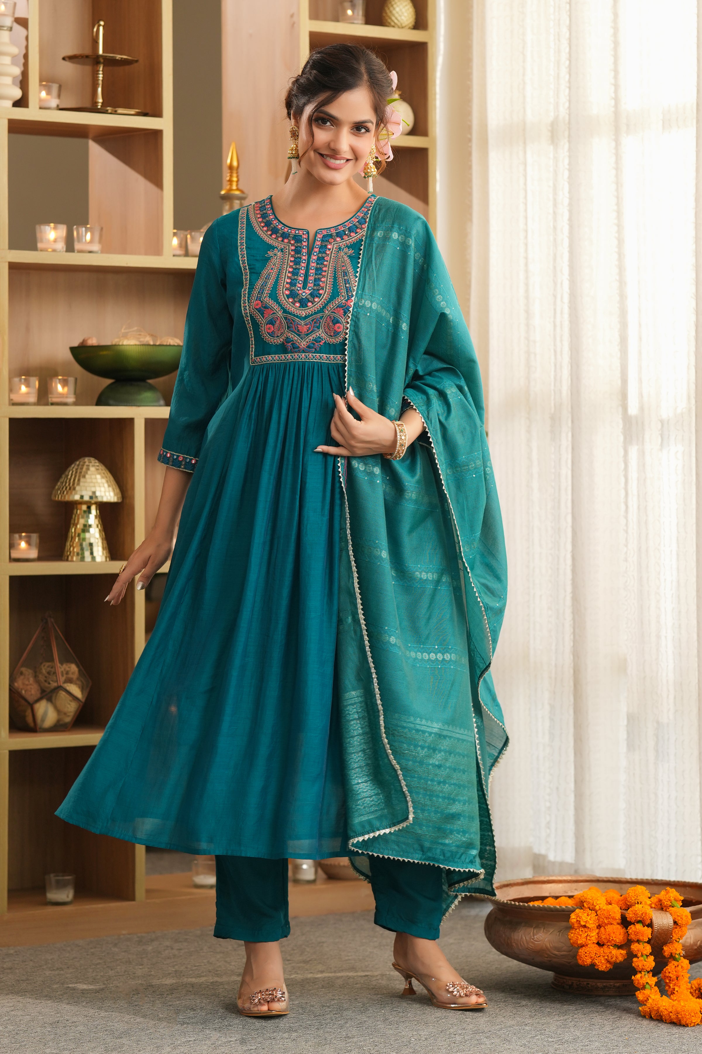 Teal Mul Chanderi Embroidered Anarkali Suit Set