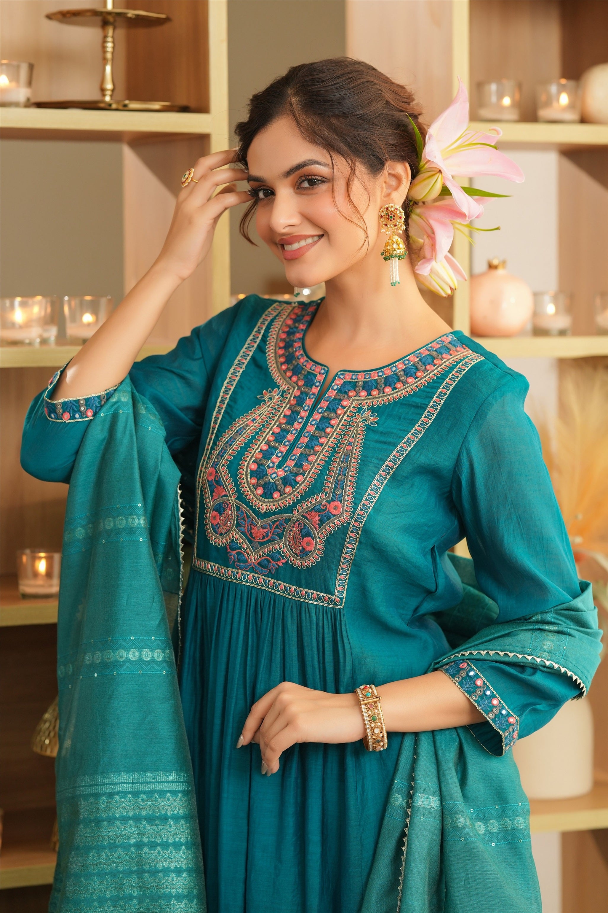 Teal Mul Chanderi Embroidered Anarkali Suit Set