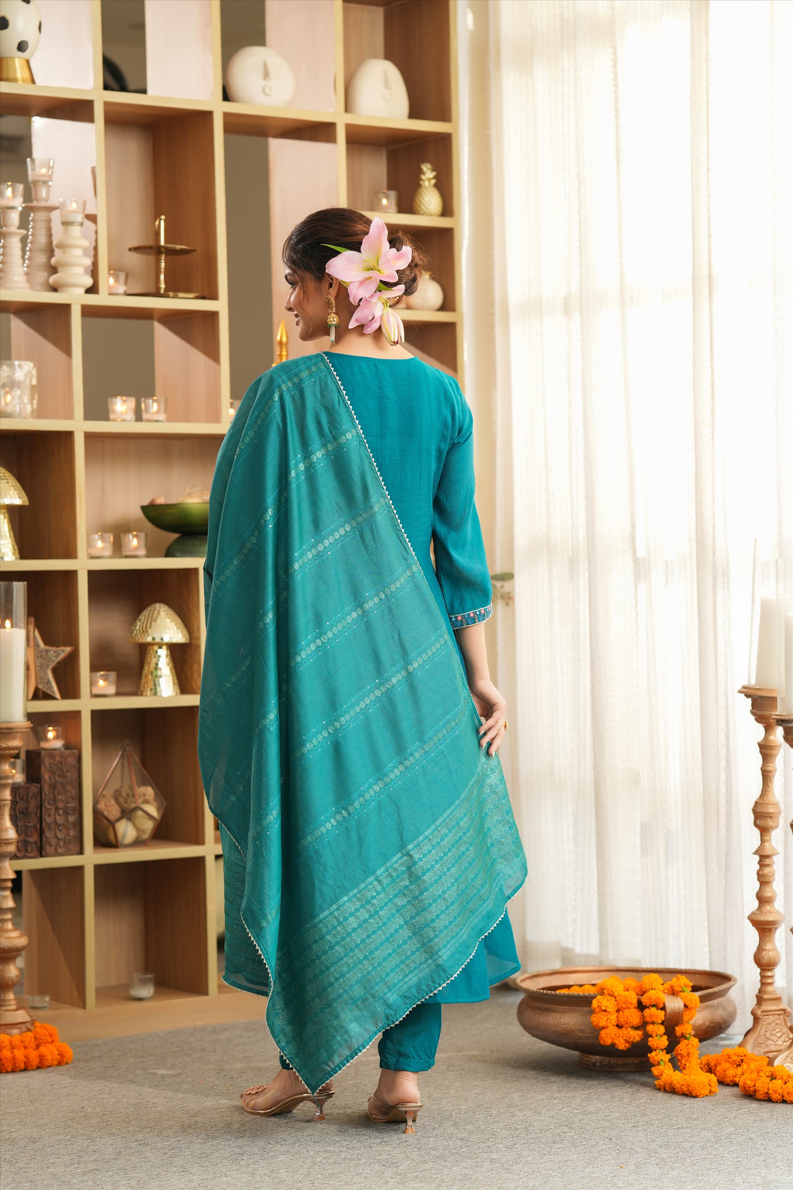 Teal Mul Chanderi Embroidered Anarkali Suit Set