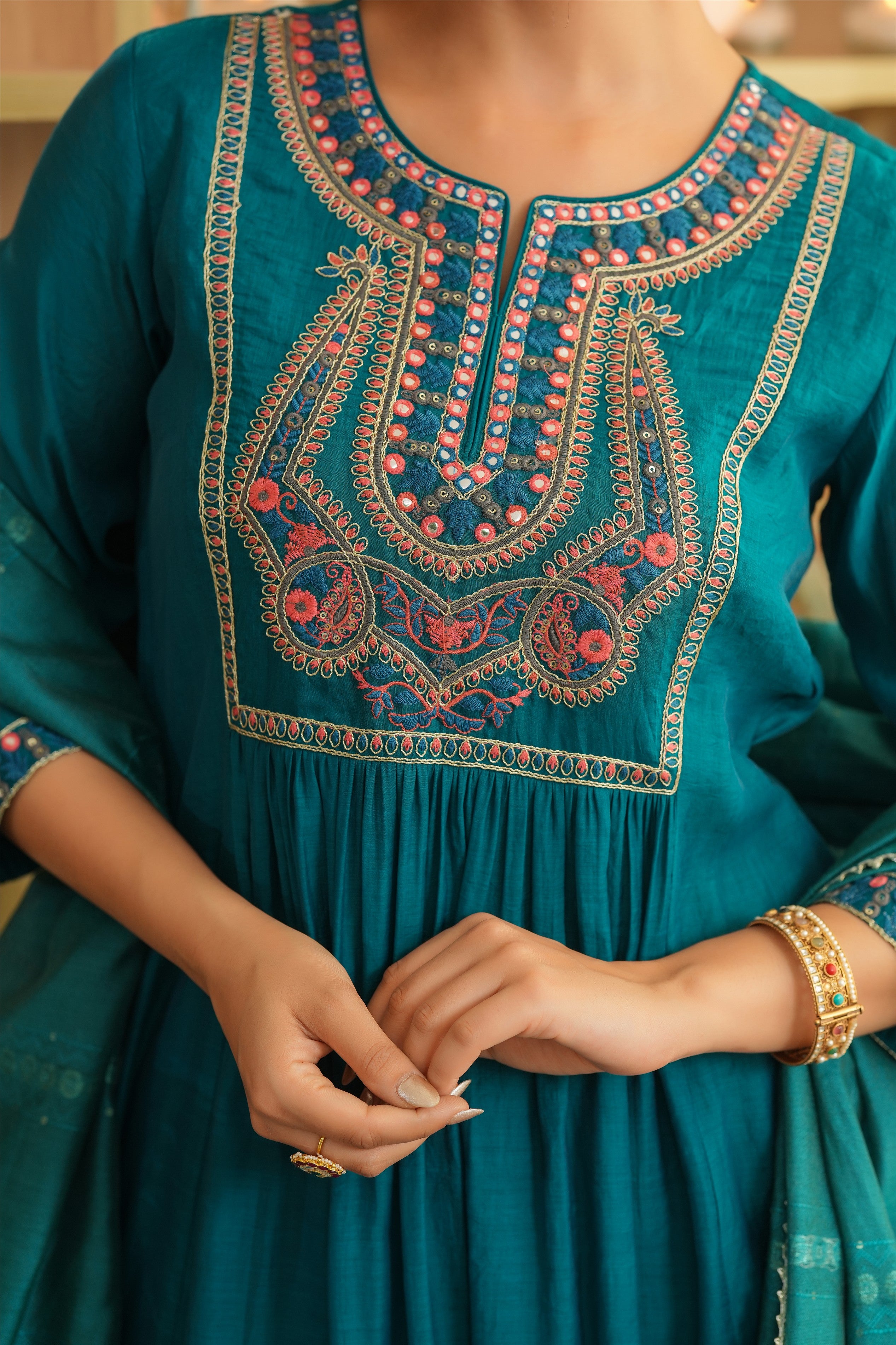 Teal Mul Chanderi Embroidered Anarkali Suit Set