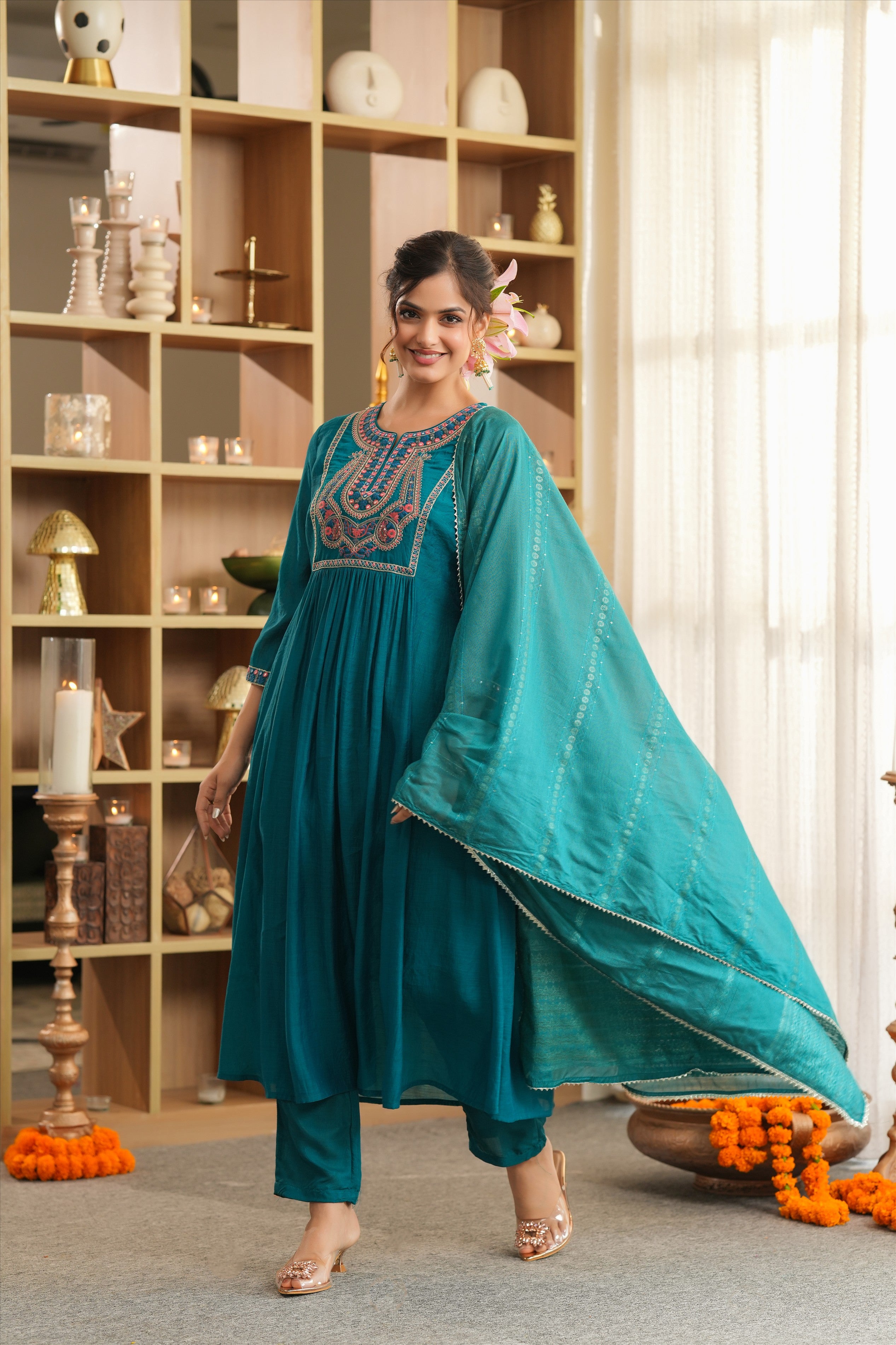 Teal Mul Chanderi Embroidered Anarkali Suit Set