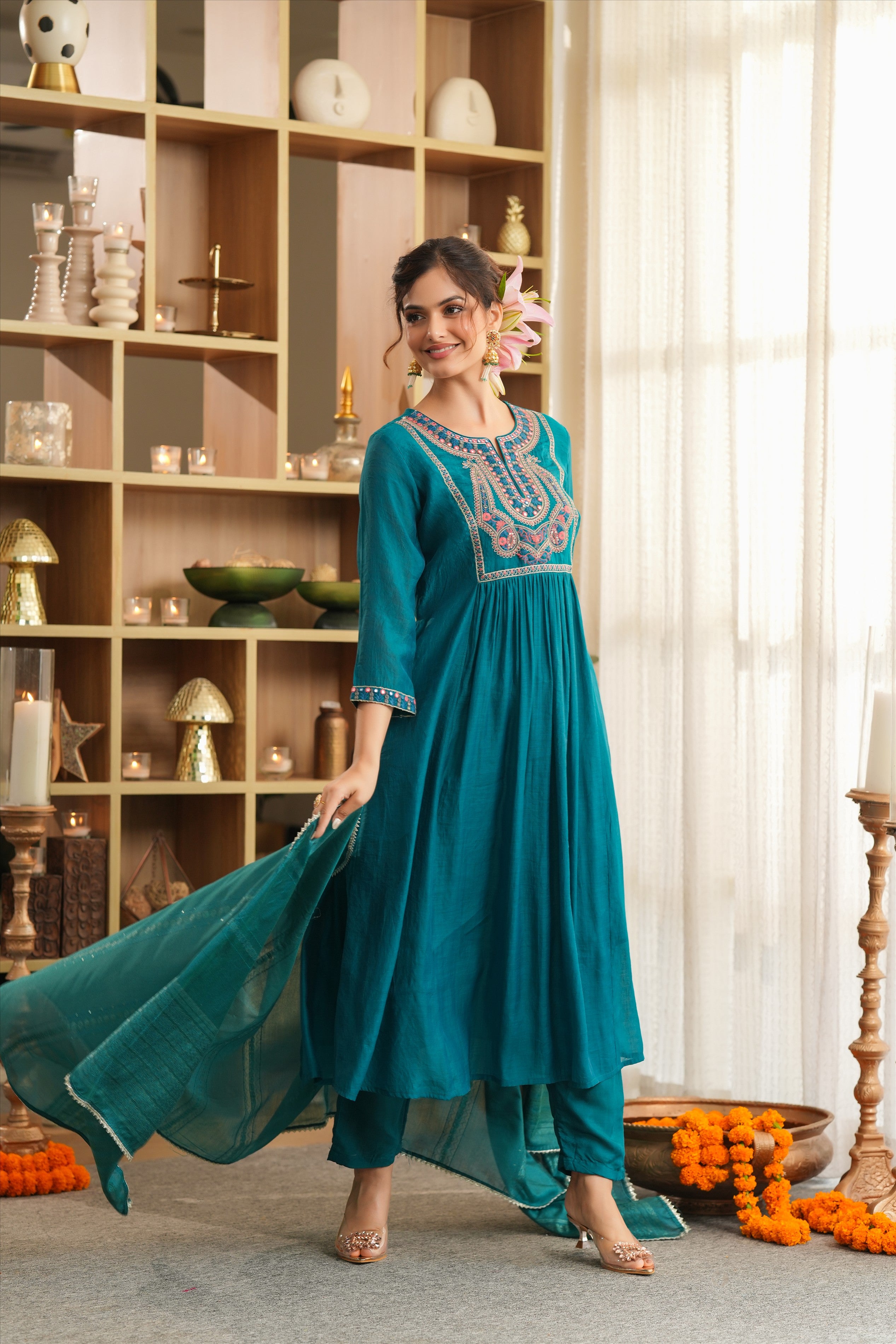 Teal Mul Chanderi Embroidered Anarkali Suit Set