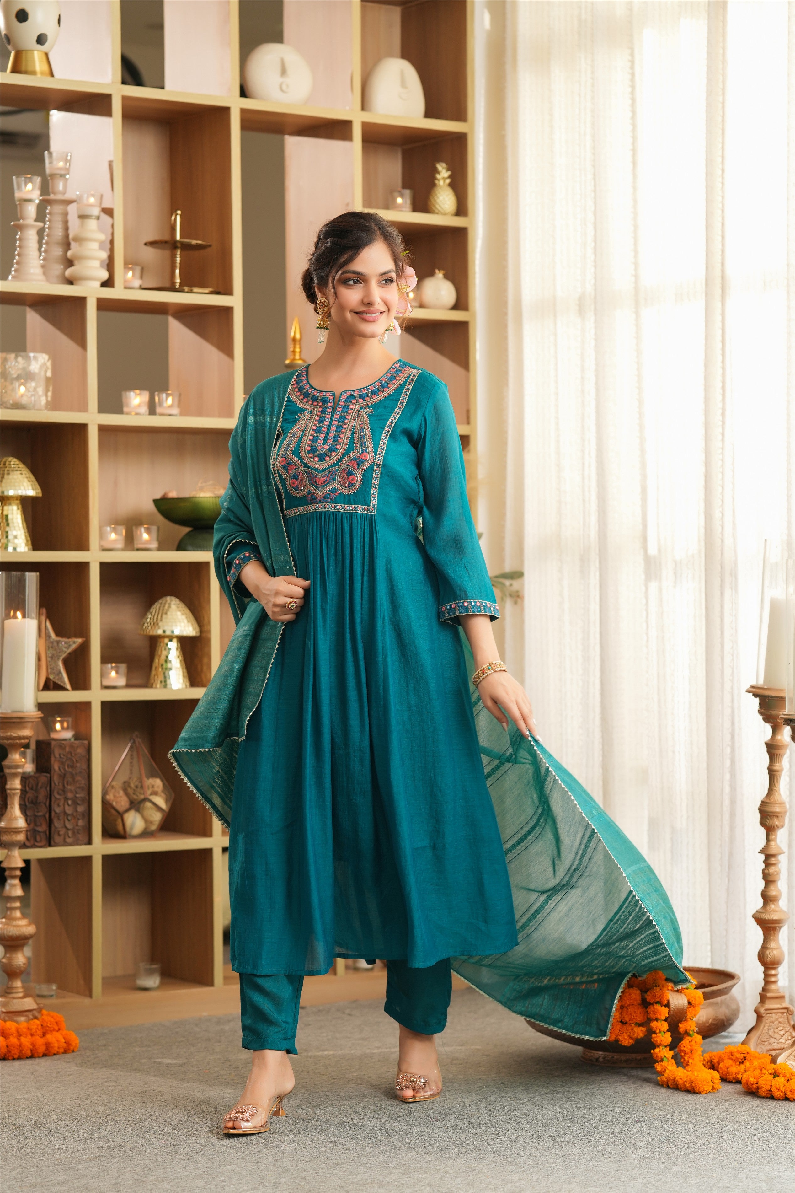Teal Mul Chanderi Embroidered Anarkali Suit Set
