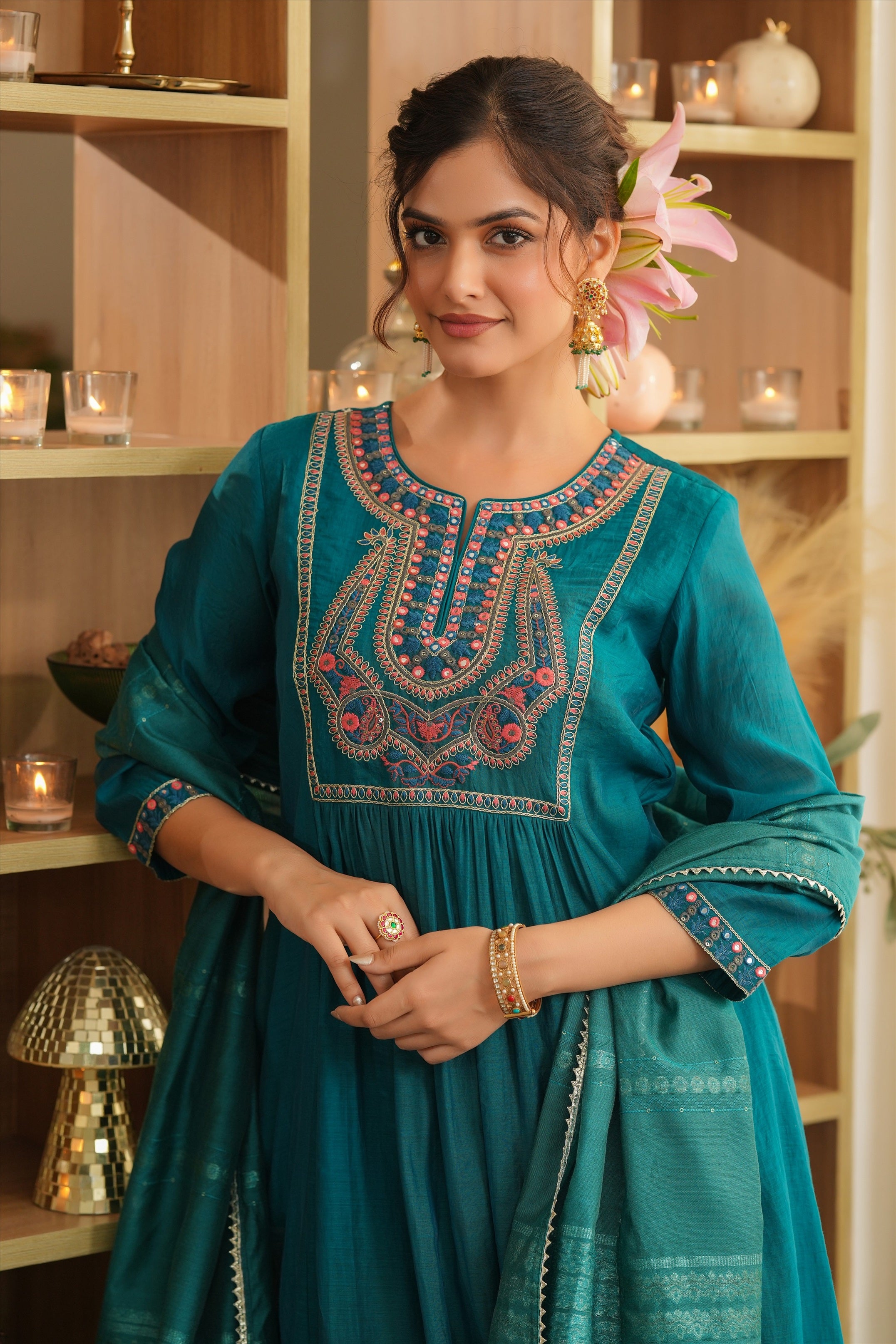 Teal Mul Chanderi Embroidered Anarkali Suit Set