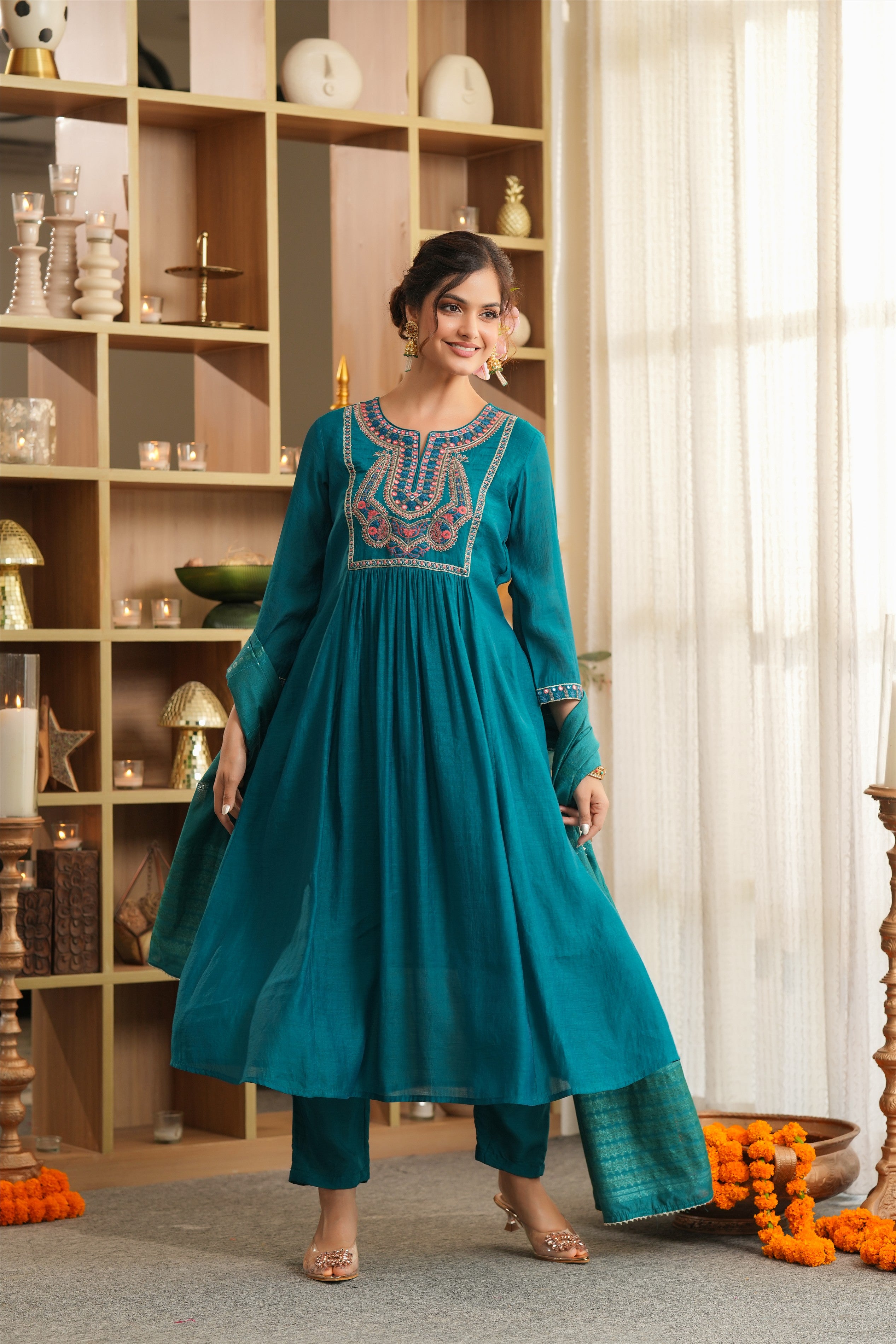 Teal Mul Chanderi Embroidered Anarkali Suit Set