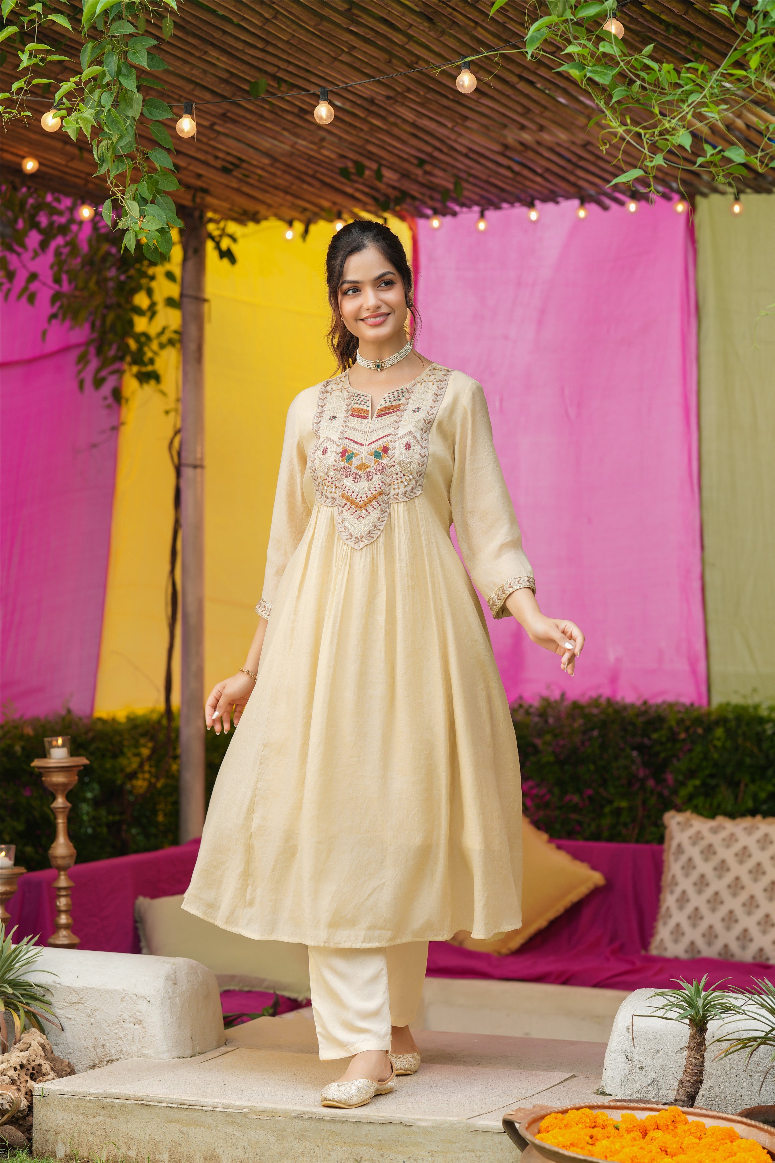 Beige Mul Chanderi Thread Embroidered Anarkali Suit Set