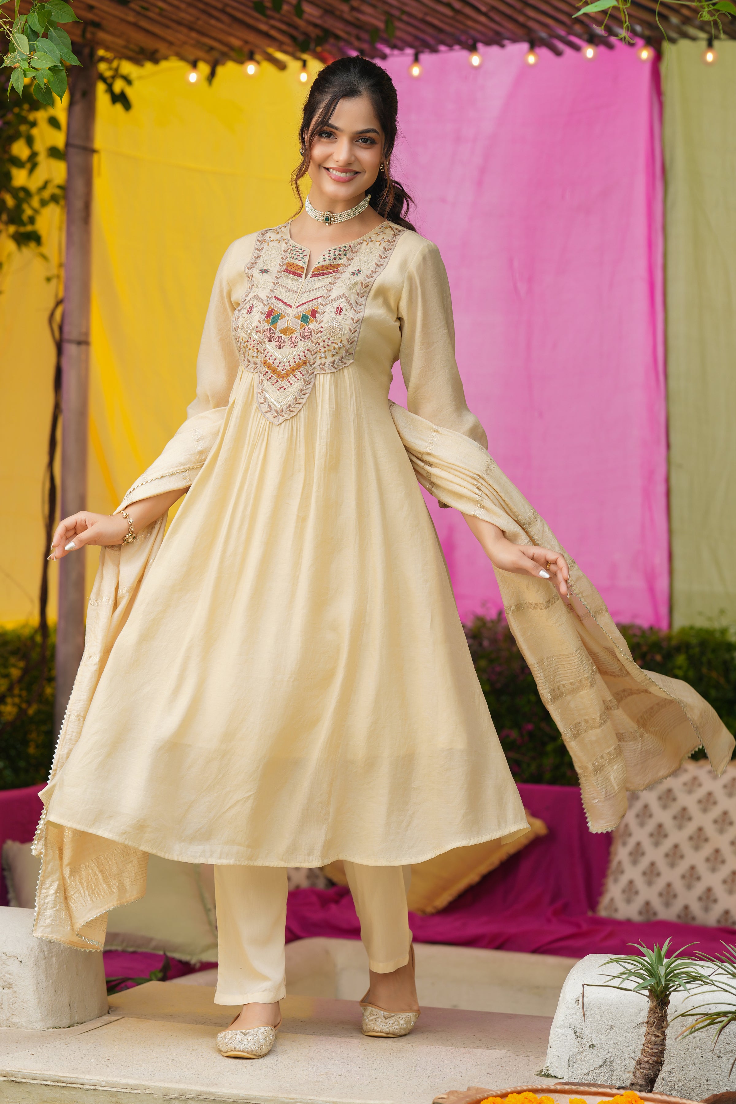 Beige Mul Chanderi Thread Embroidered Anarkali Suit Set