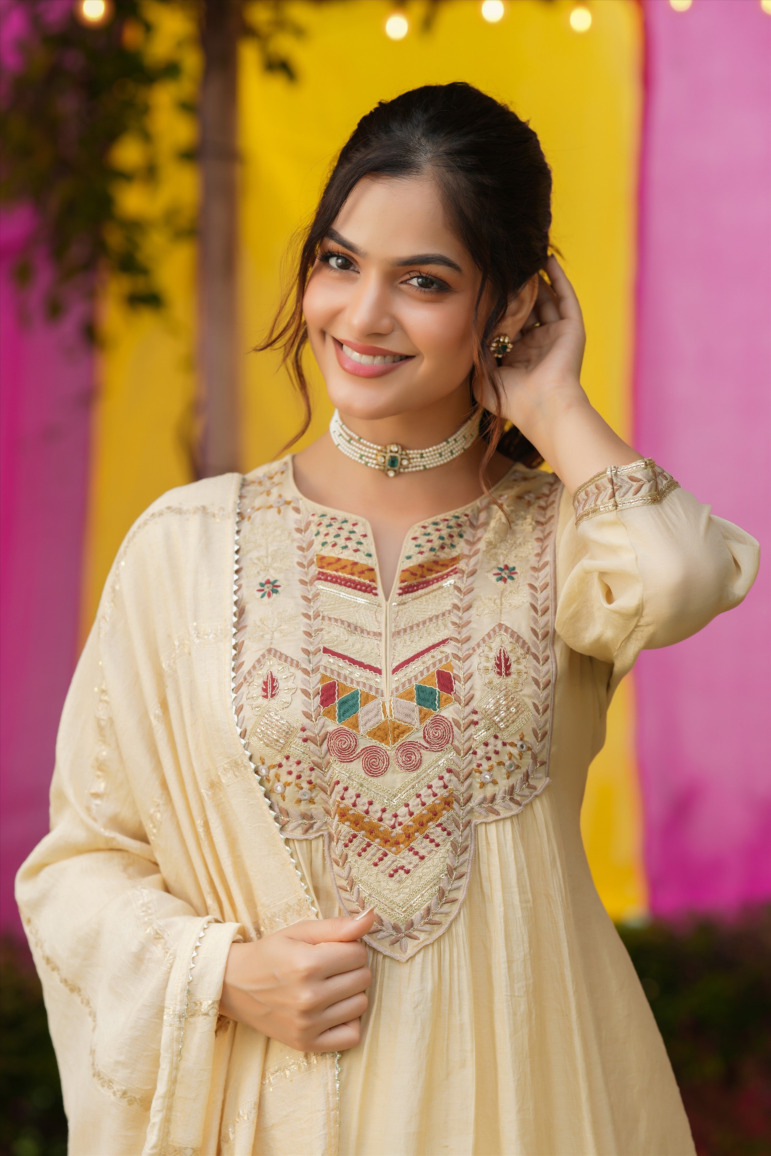 Beige Mul Chanderi Thread Embroidered Anarkali Suit Set