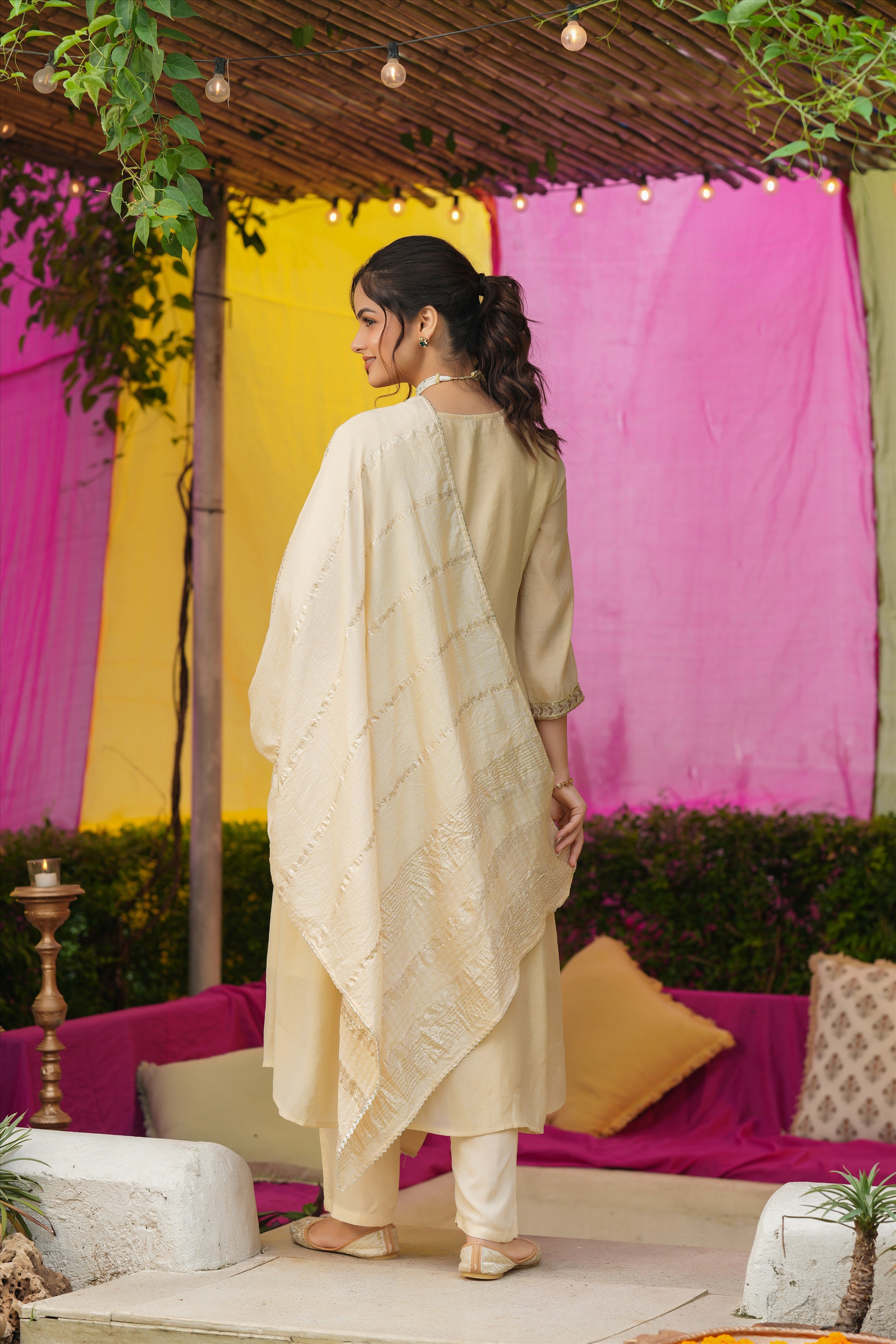 Beige Mul Chanderi Thread Embroidered Anarkali Suit Set