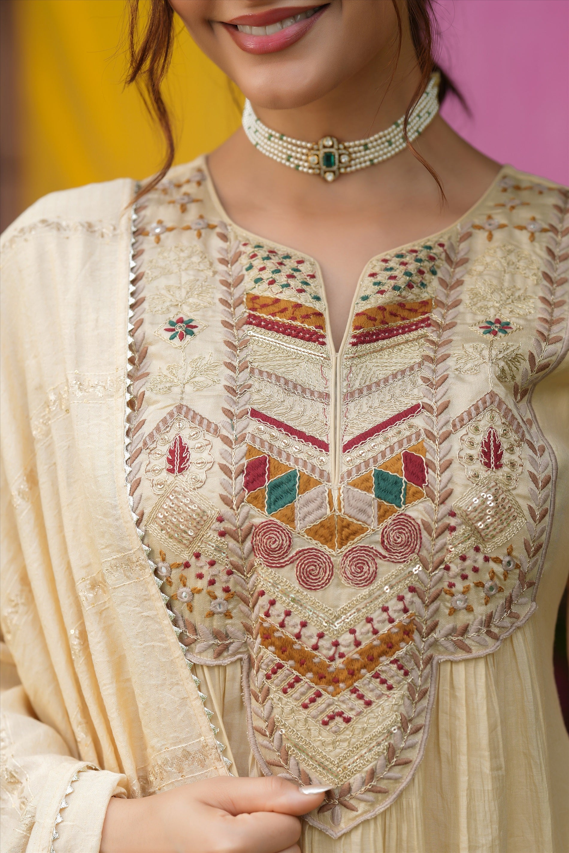 Beige Mul Chanderi Thread Embroidered Anarkali Suit Set