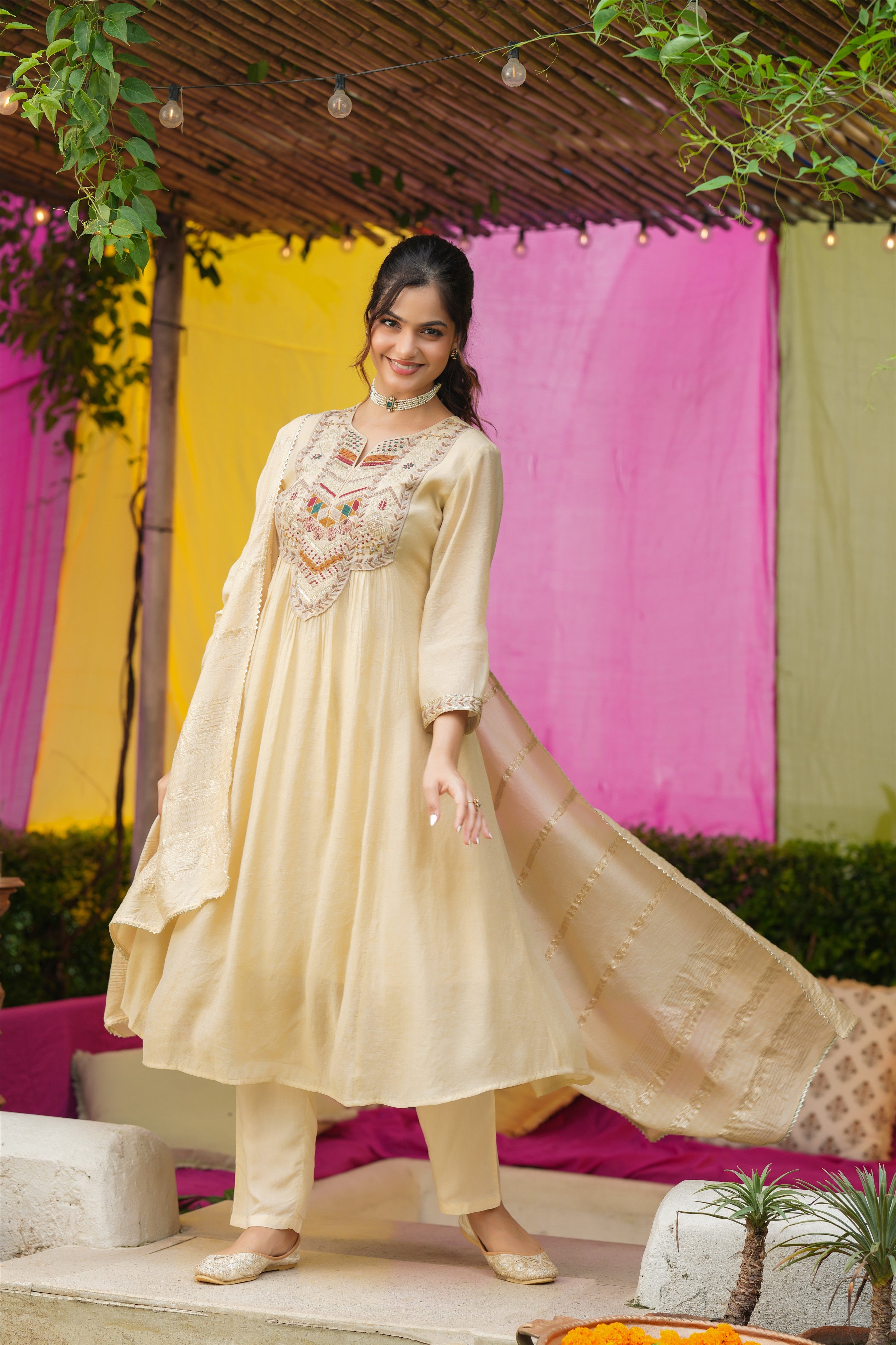 Beige Mul Chanderi Thread Embroidered Anarkali Suit Set