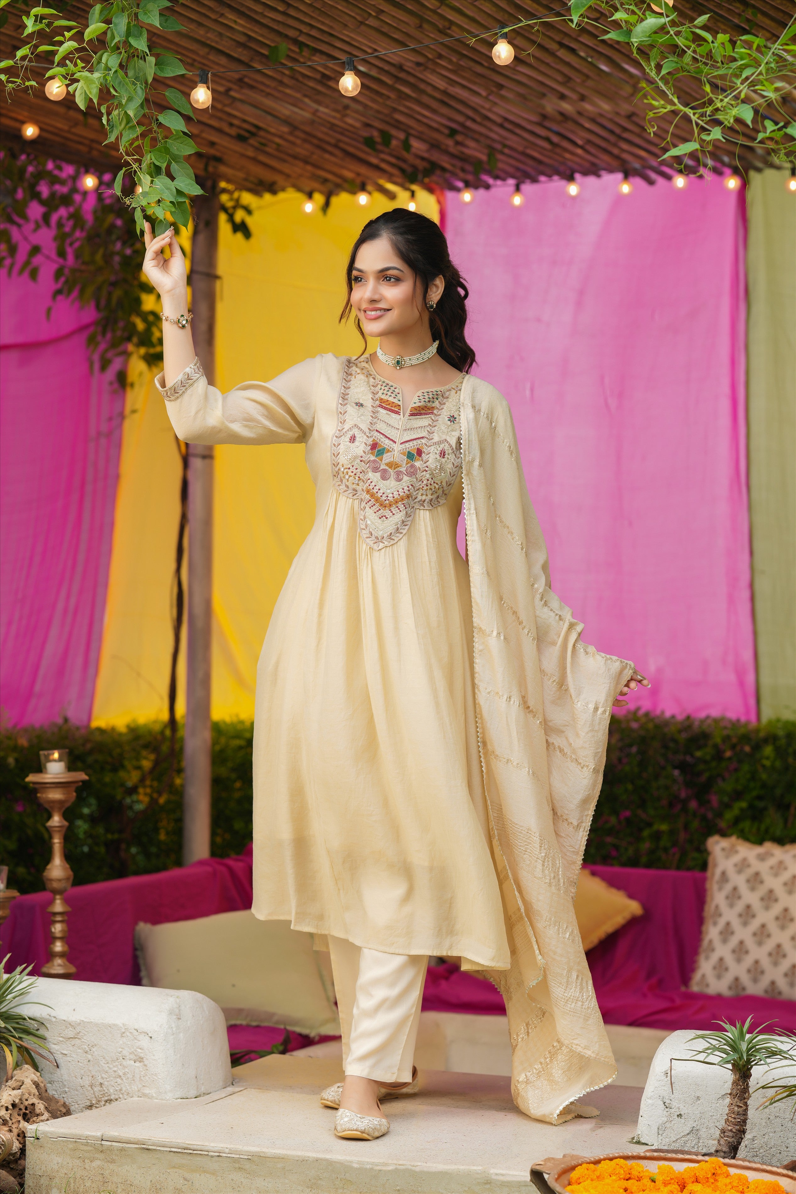 Beige Mul Chanderi Thread Embroidered Anarkali Suit Set