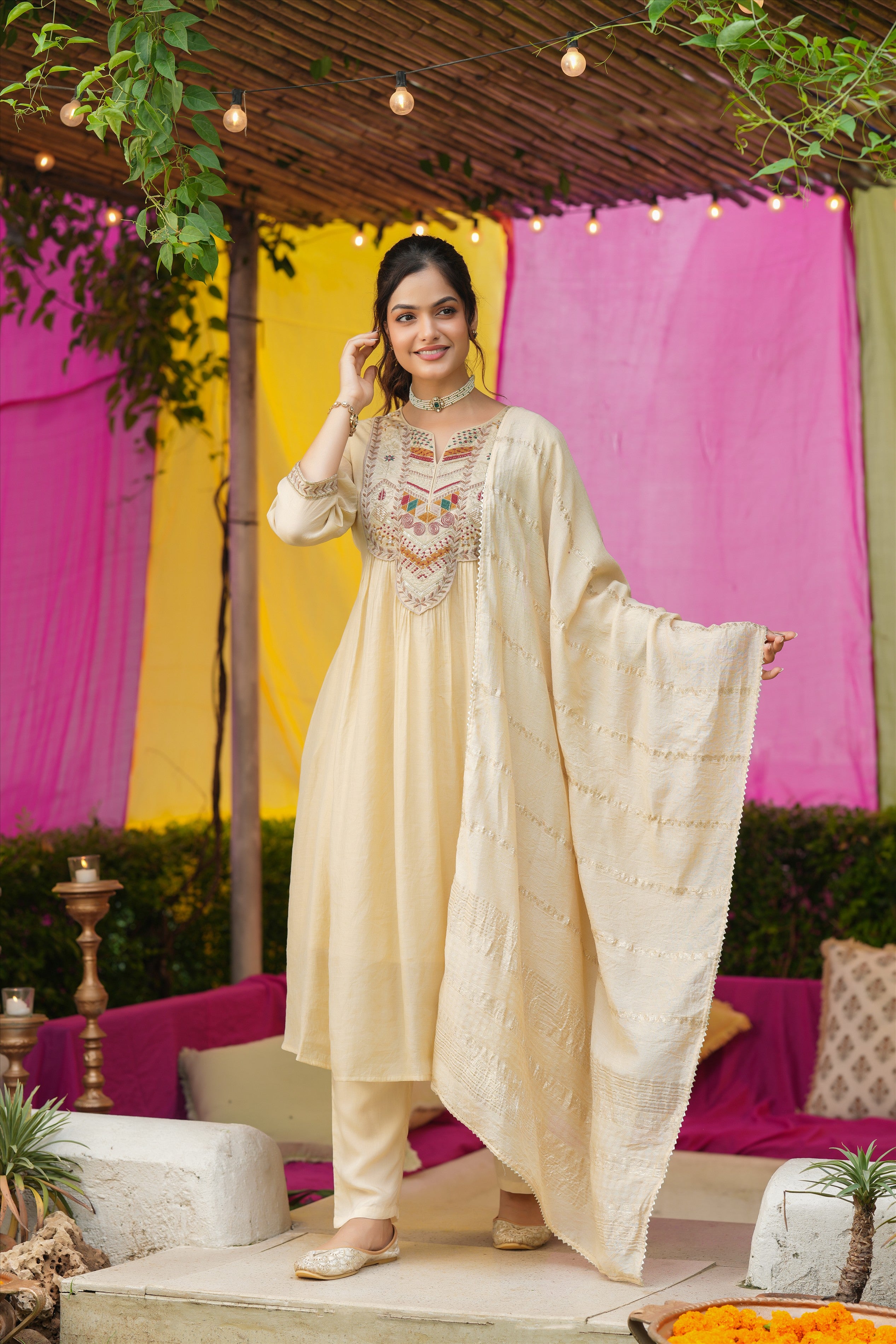 Beige Mul Chanderi Thread Embroidered Anarkali Suit Set