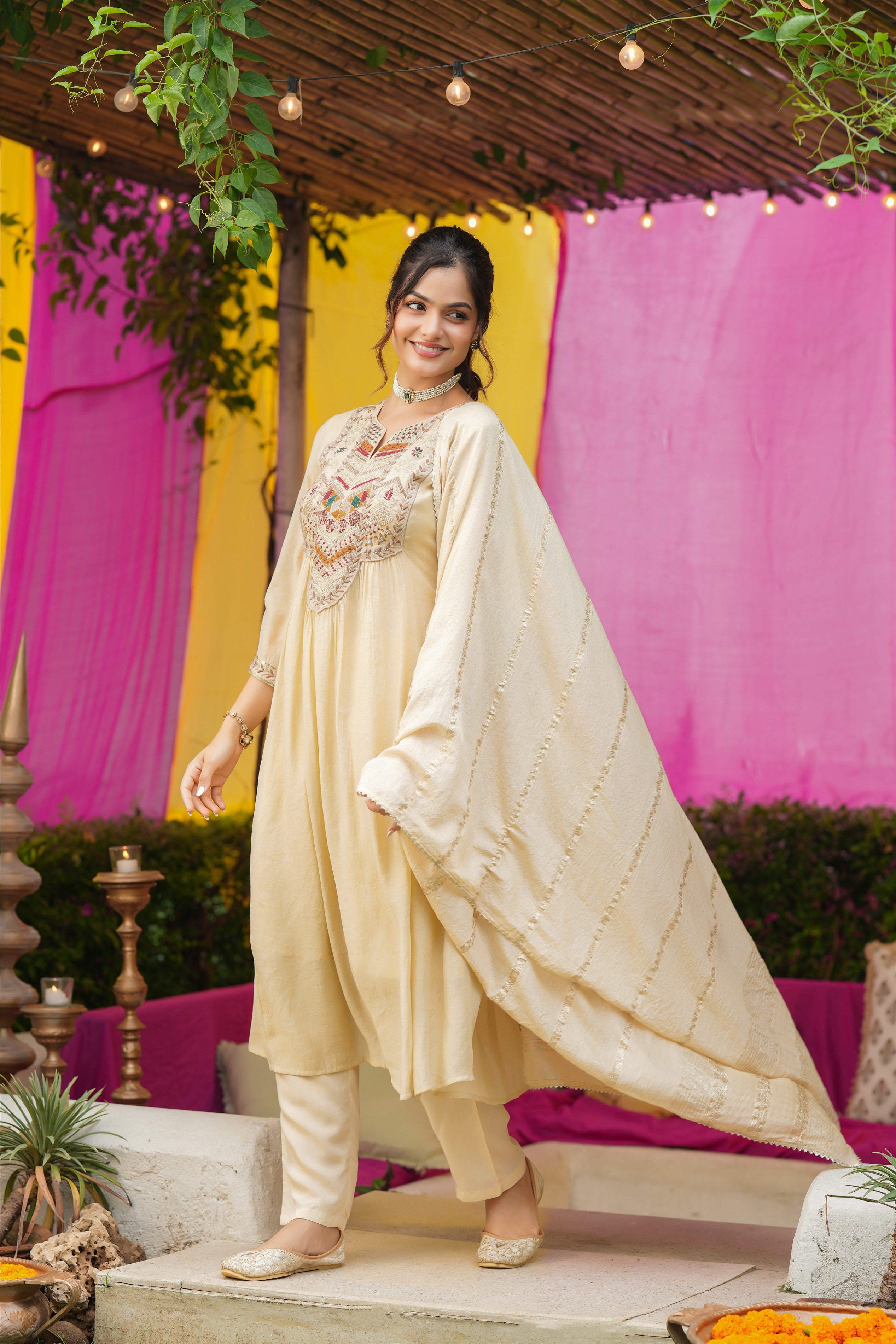 Beige Mul Chanderi Thread Embroidered Anarkali Suit Set