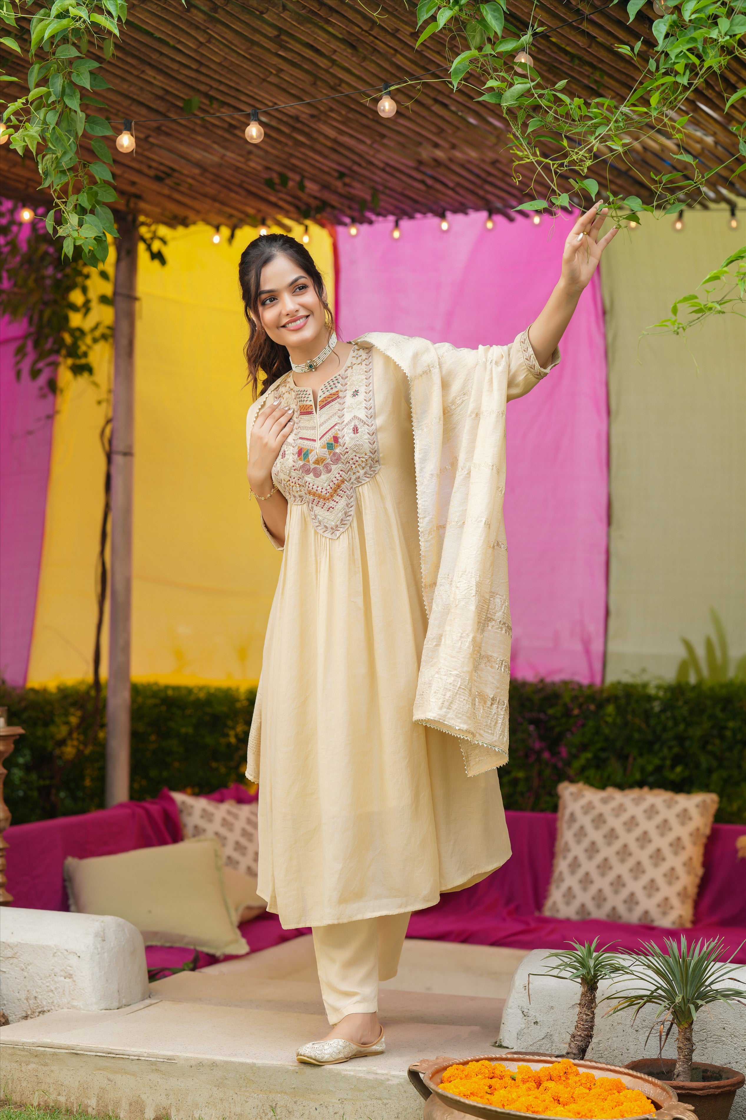 Beige Mul Chanderi Thread Embroidered Anarkali Suit Set