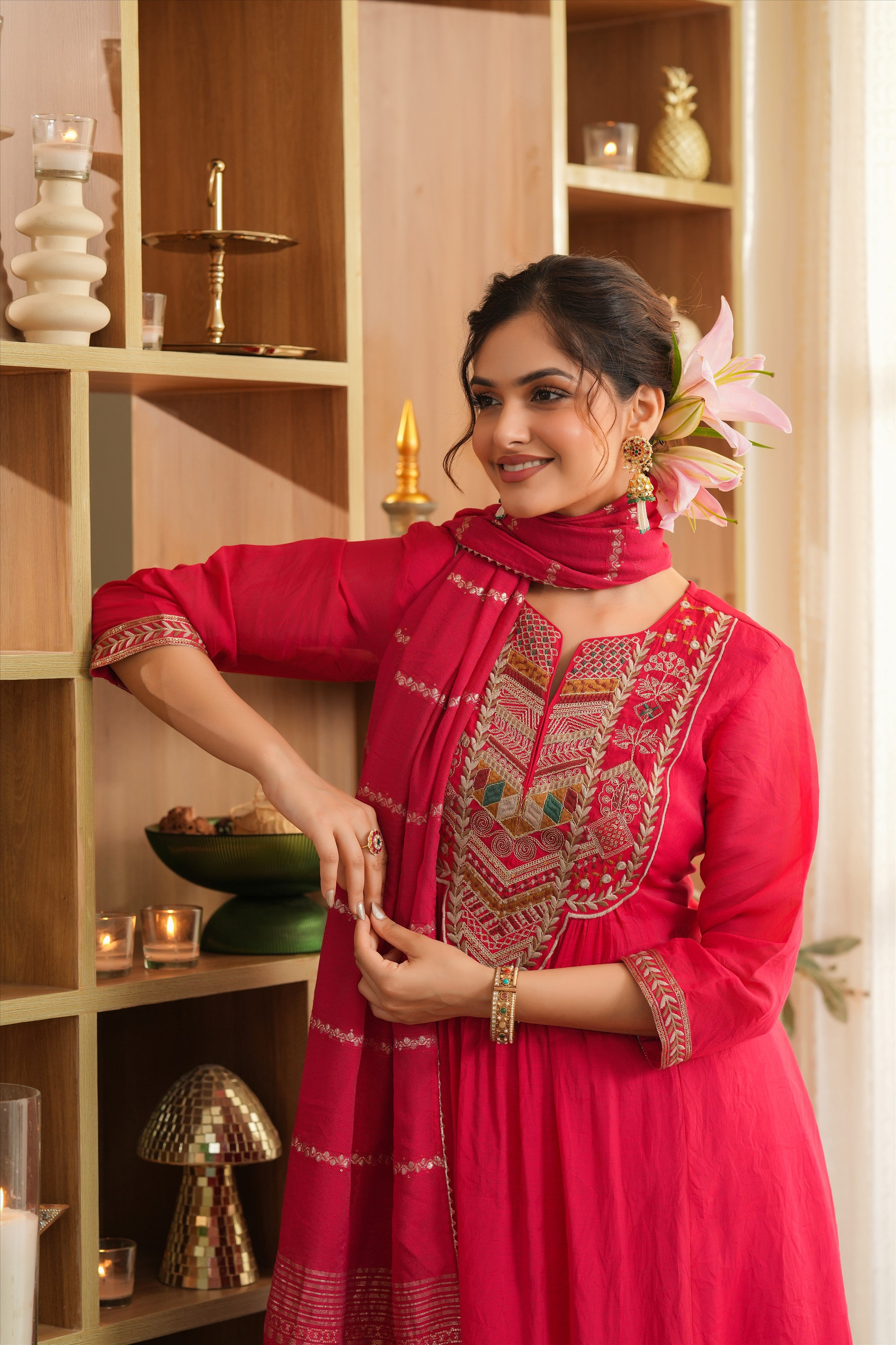 Red Mul Chanderi Thread Embroidered Anarkali Suit Set