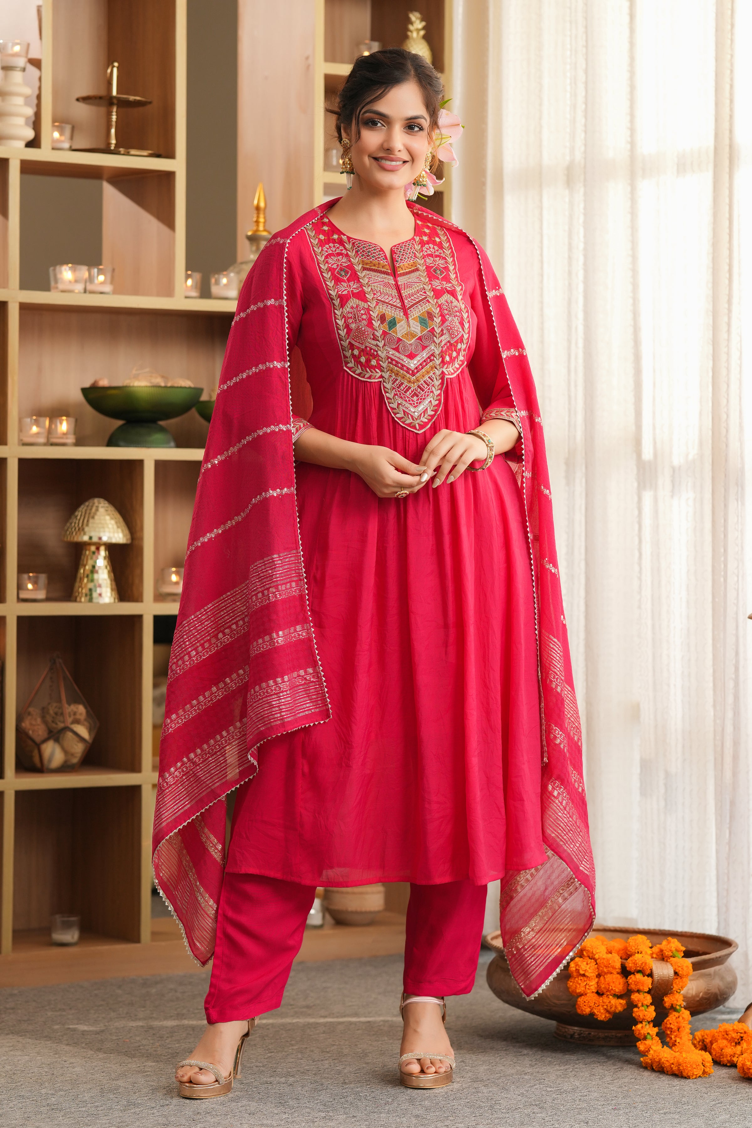 Red Mul Chanderi Thread Embroidered Anarkali Suit Set
