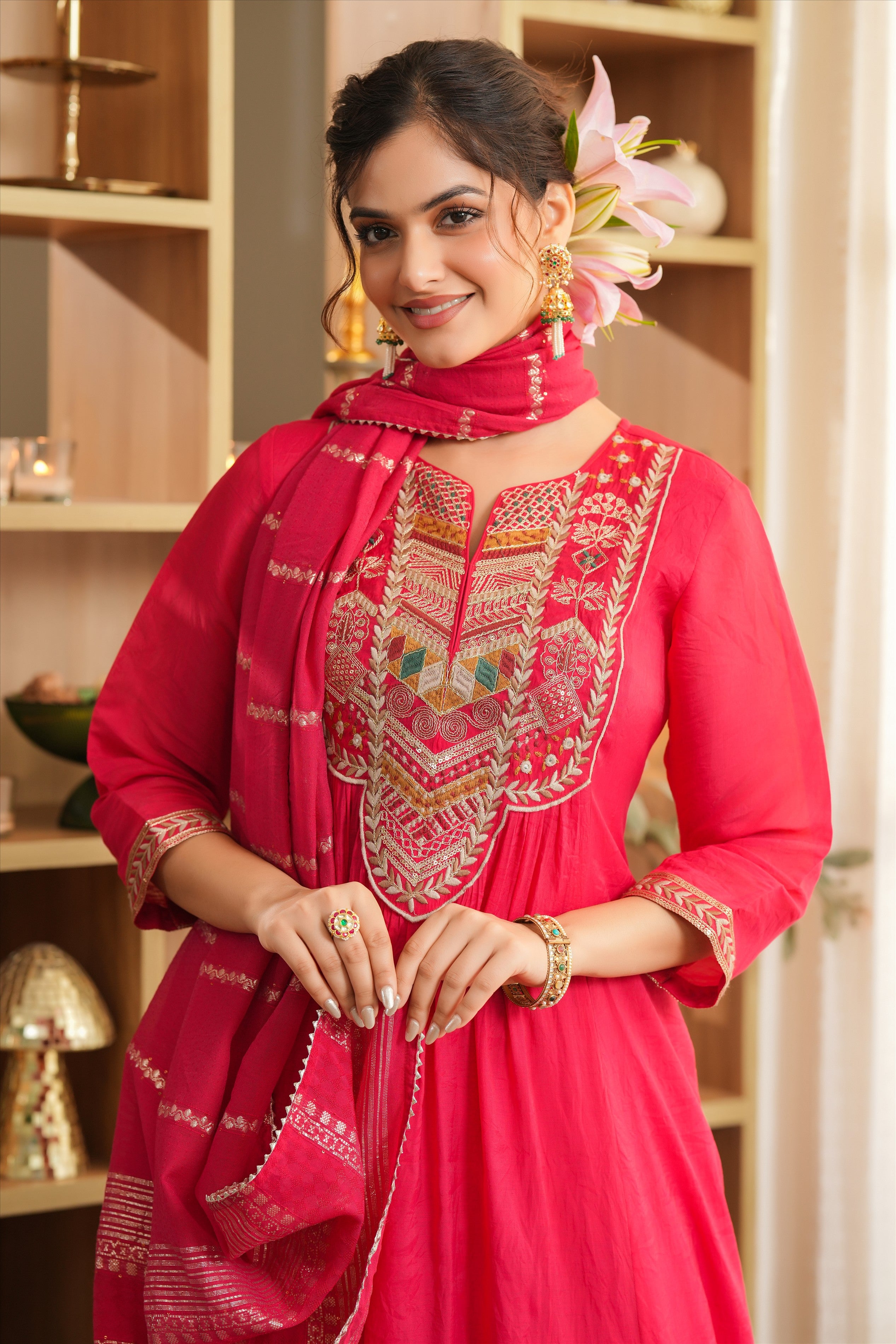 Red Mul Chanderi Thread Embroidered Anarkali Suit Set