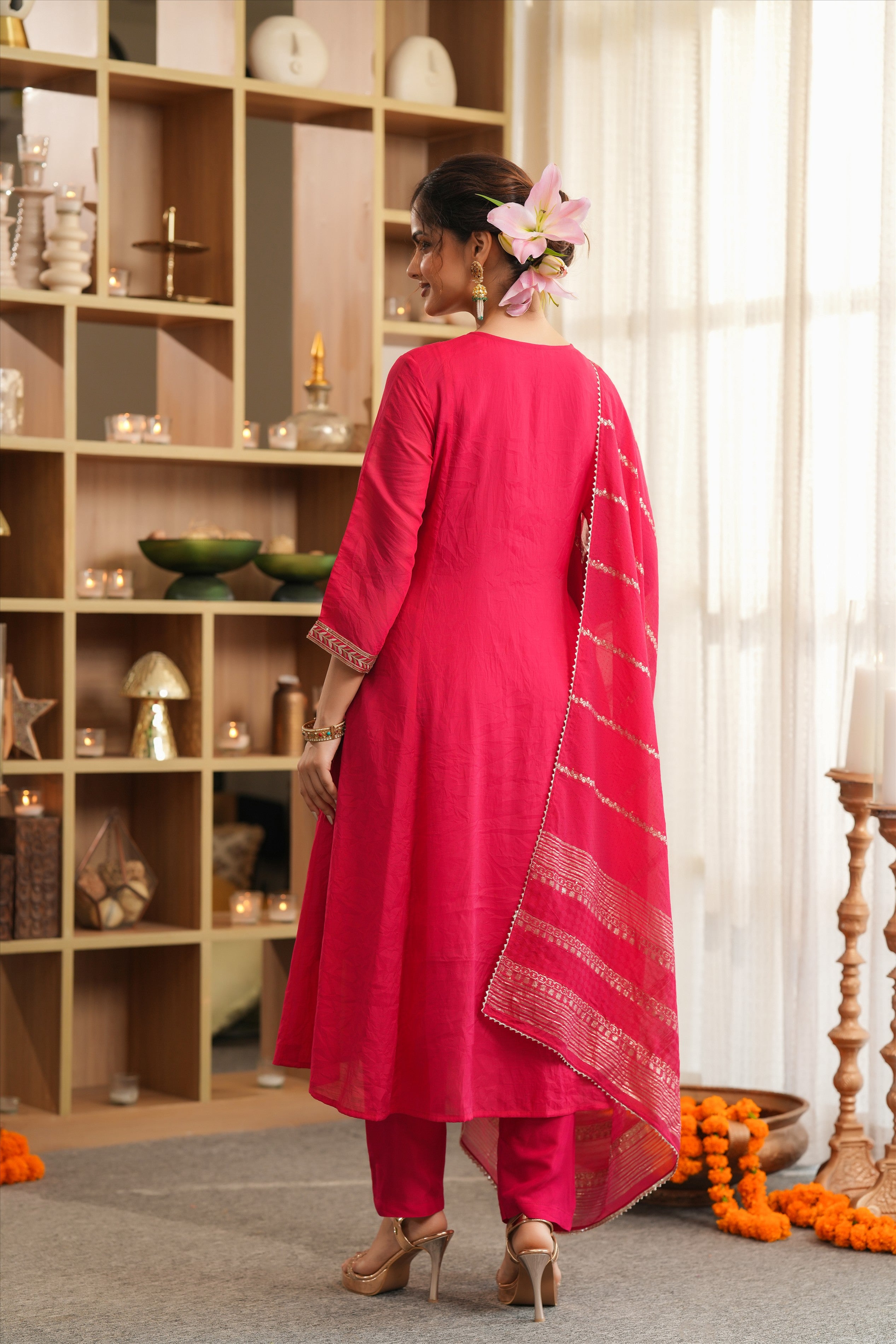 Red Mul Chanderi Thread Embroidered Anarkali Suit Set