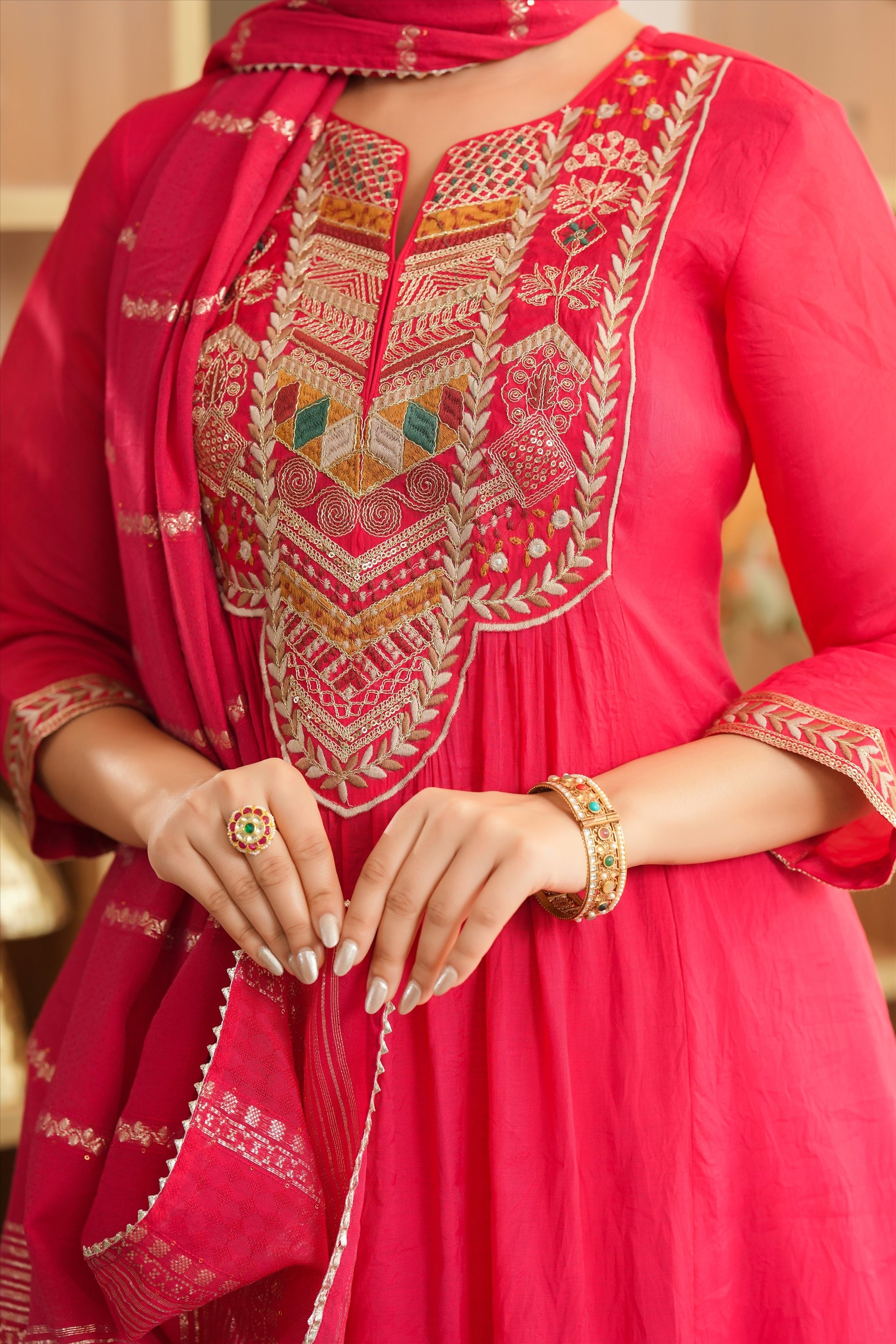 Red Mul Chanderi Thread Embroidered Anarkali Suit Set