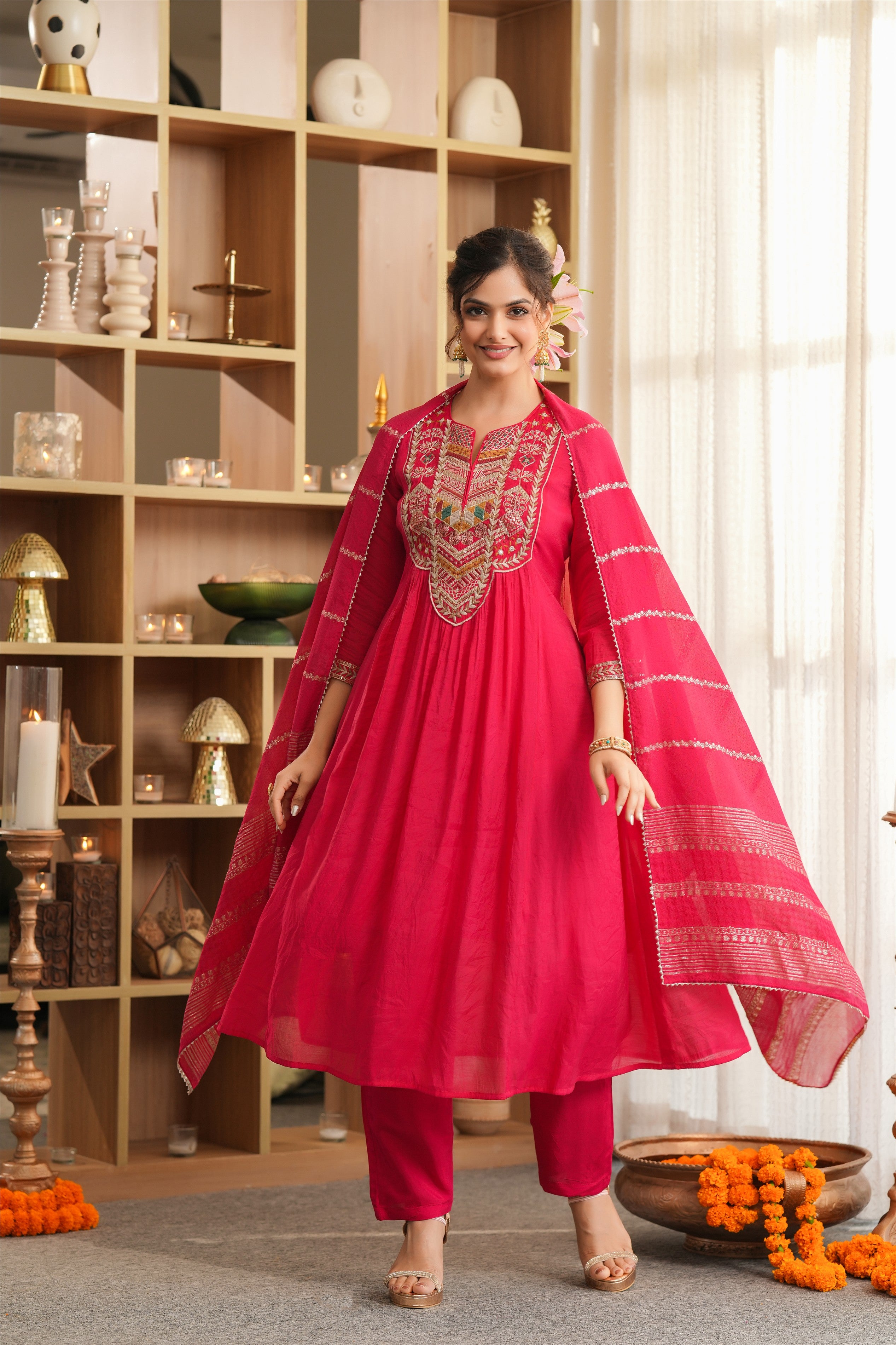 Red Mul Chanderi Thread Embroidered Anarkali Suit Set
