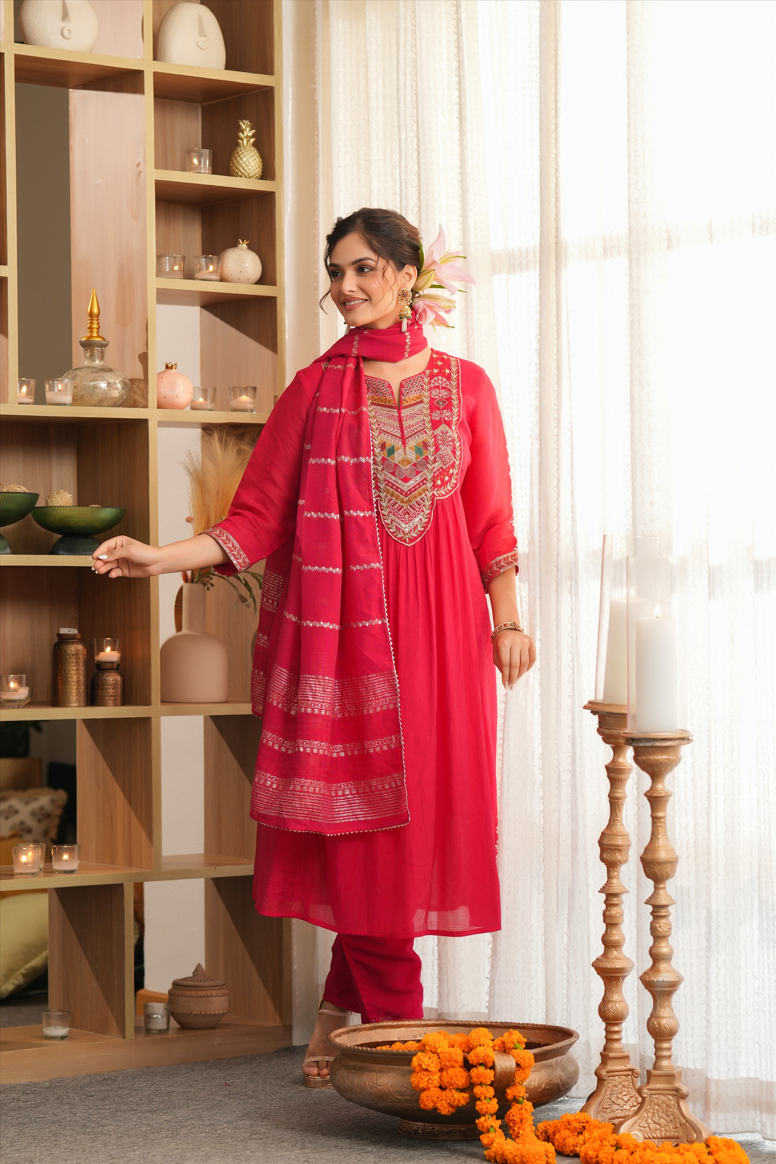 Red Mul Chanderi Thread Embroidered Anarkali Suit Set