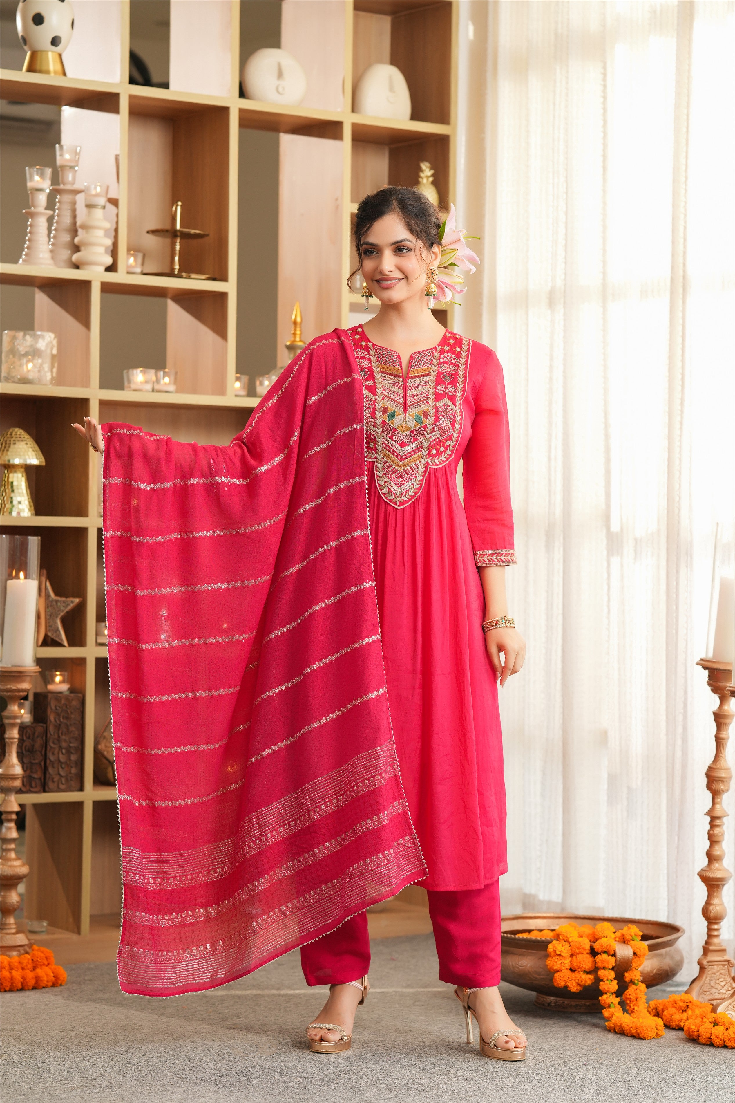 Red Mul Chanderi Thread Embroidered Anarkali Suit Set