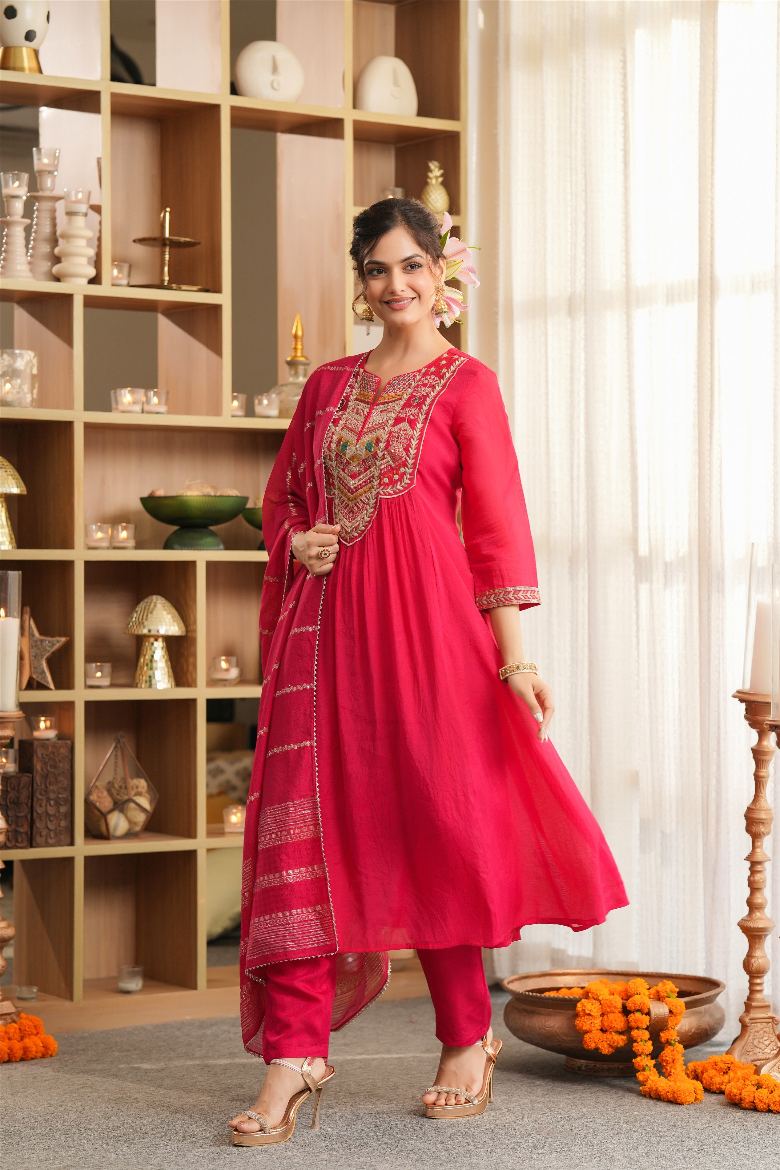 Red Mul Chanderi Thread Embroidered Anarkali Suit Set